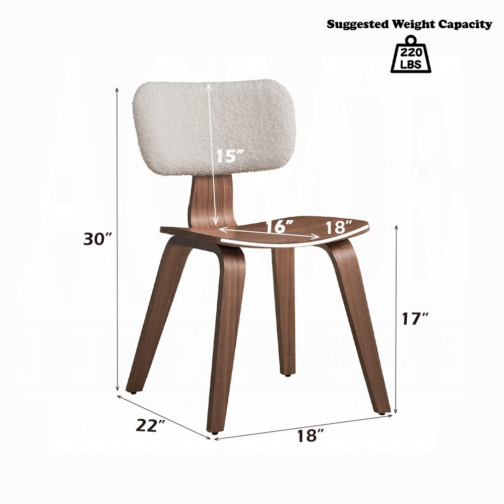  Product Description (~300 words):
Elevate your dining space with this Set of 2 Walnut Finish Side Chairs, designed with a perfect blend of modern elegance and ergonomic comfort. Featuring a curved backrest and plush white boucle upholstery, these dining chairs add a touch of luxury and sophistication to any room.

Crafted from solid wood with a rich walnut finish, the frame ensures long-lasting durability and natural warmth. The ergonomic backrest provides excellent support, making these chairs ideal for e
