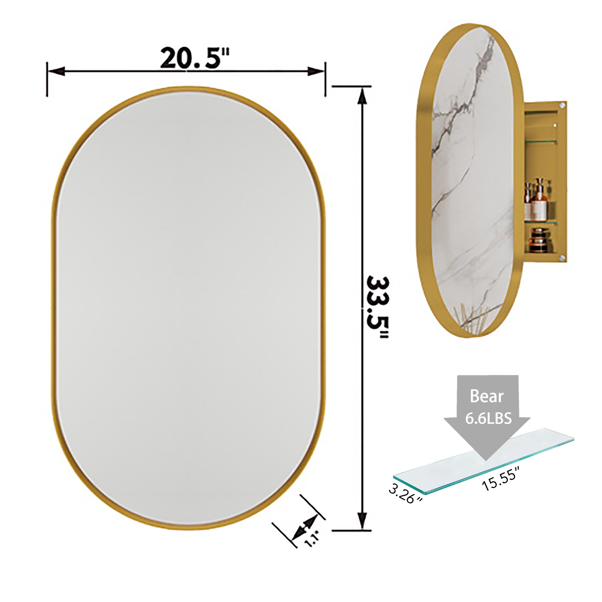 20x34" Oval Recessed Medicine Cabinet, Metal Framed Bathroom Wall Cabinet with Mirror, Adjustable Shelves, Matte Gold Wall Mirror with Storage for Bathroom