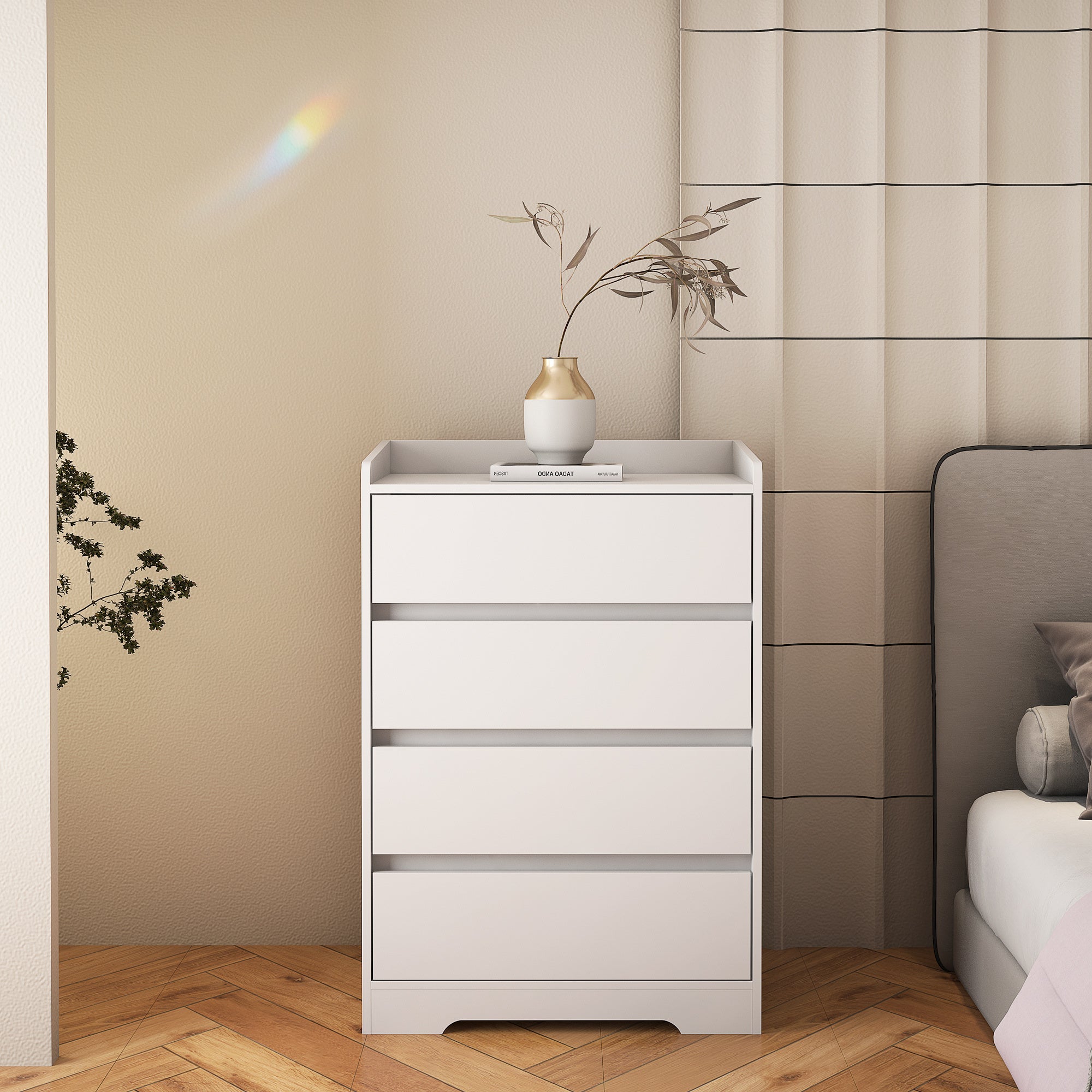 4 Drawer Dresser, Chest of Drawers Without Handle, White Dresser for Bedroom 100% Waterproof, Modern Wooden Cabinet with Sturdy Frame for Living Room, Entryway, Bedroom, Hallway, Office