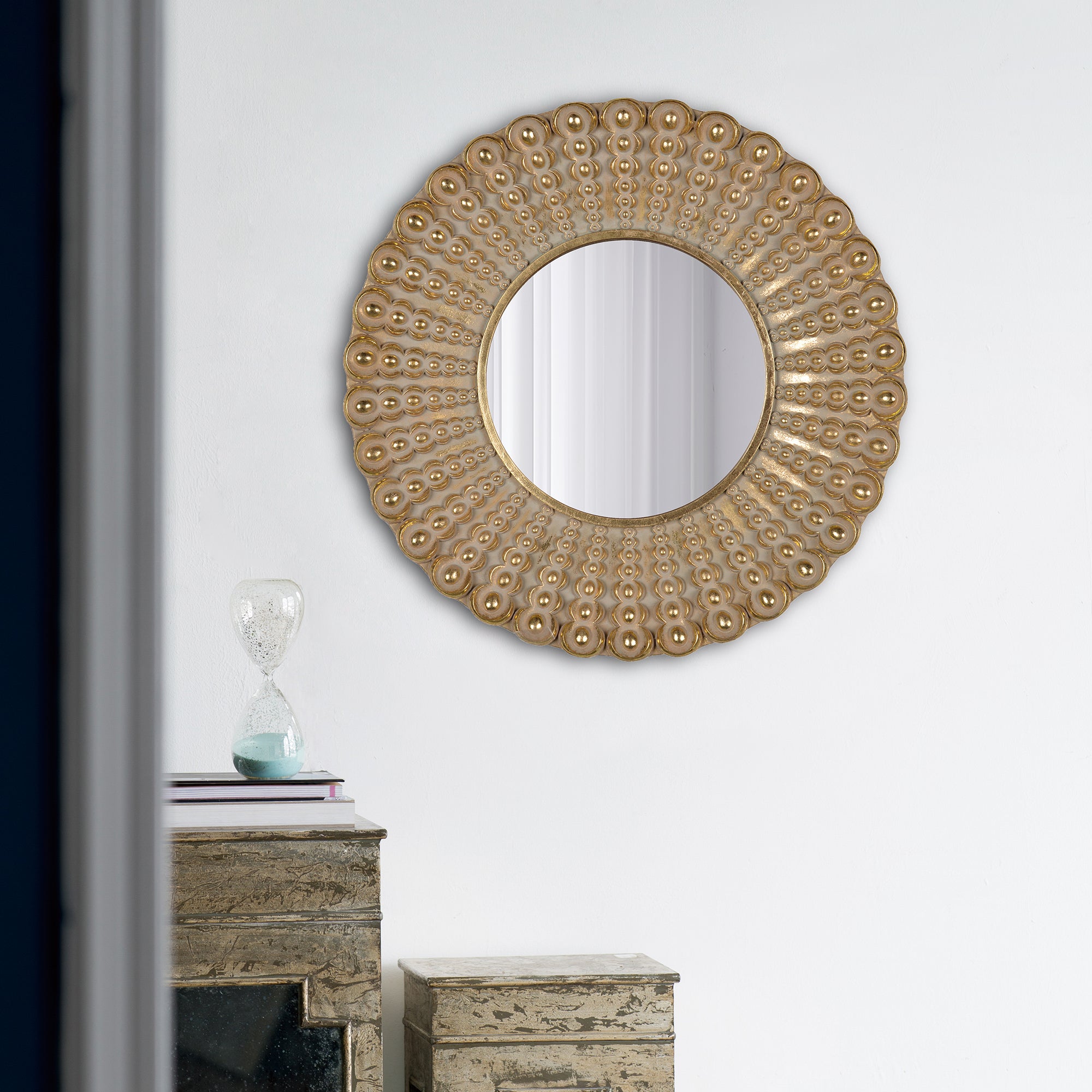 18.5" Transitional Beaded Sunburst Mirror, Round Accent Wall Mirror for Living Room, Entryway, Bathroom, Office, Foyer