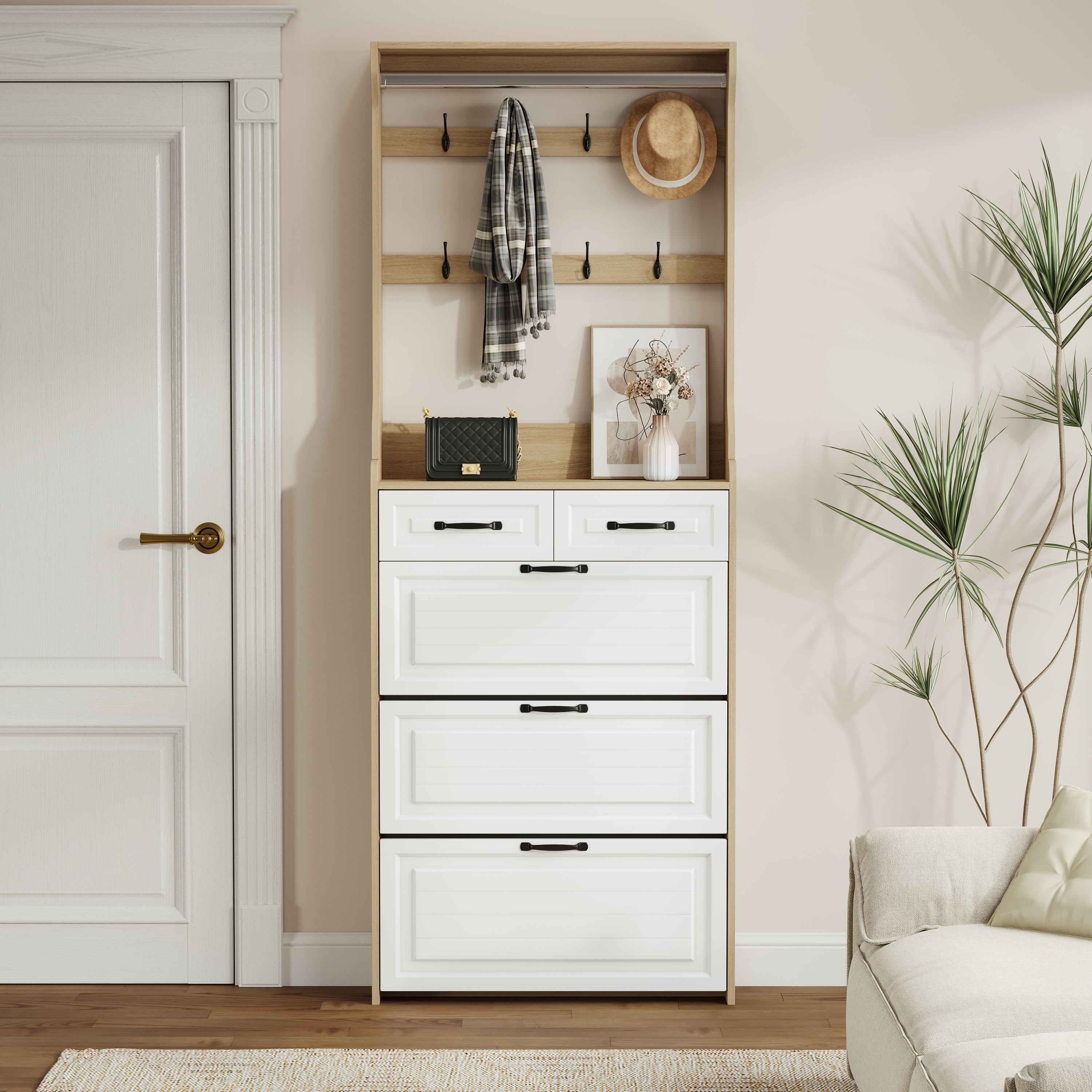 New Oak Color Shoe Cabinet with 3 Doors, 2 Drawers, and Hanger, Large Storage Space for Shoes and Accessories