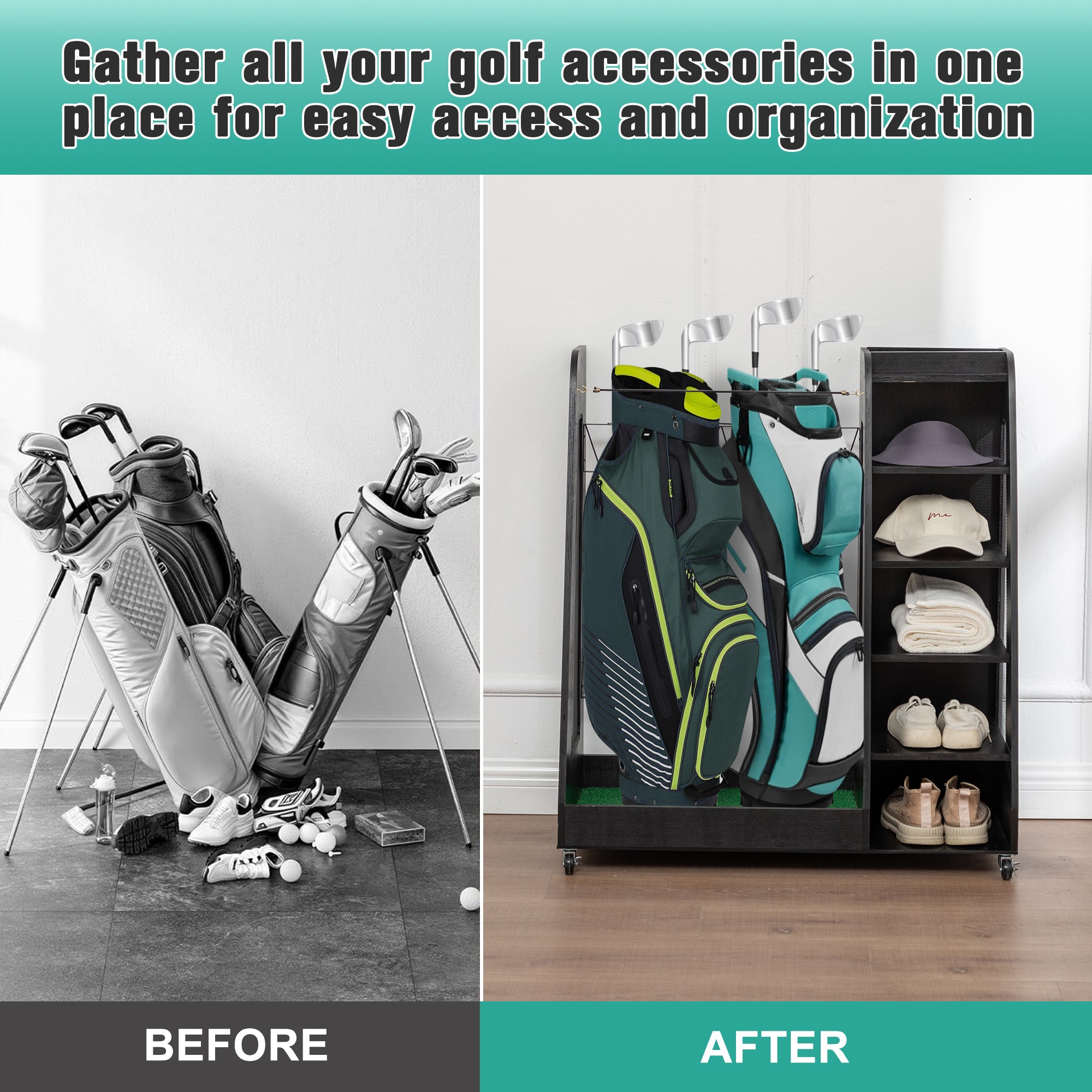 Golf Bag Organizer for Garage, Premium Wooden Golf Clubs Storage Rack Fit 2 Golf Bags, Golf Trunk Organizer for Car Garage Club Shed Basement,Black