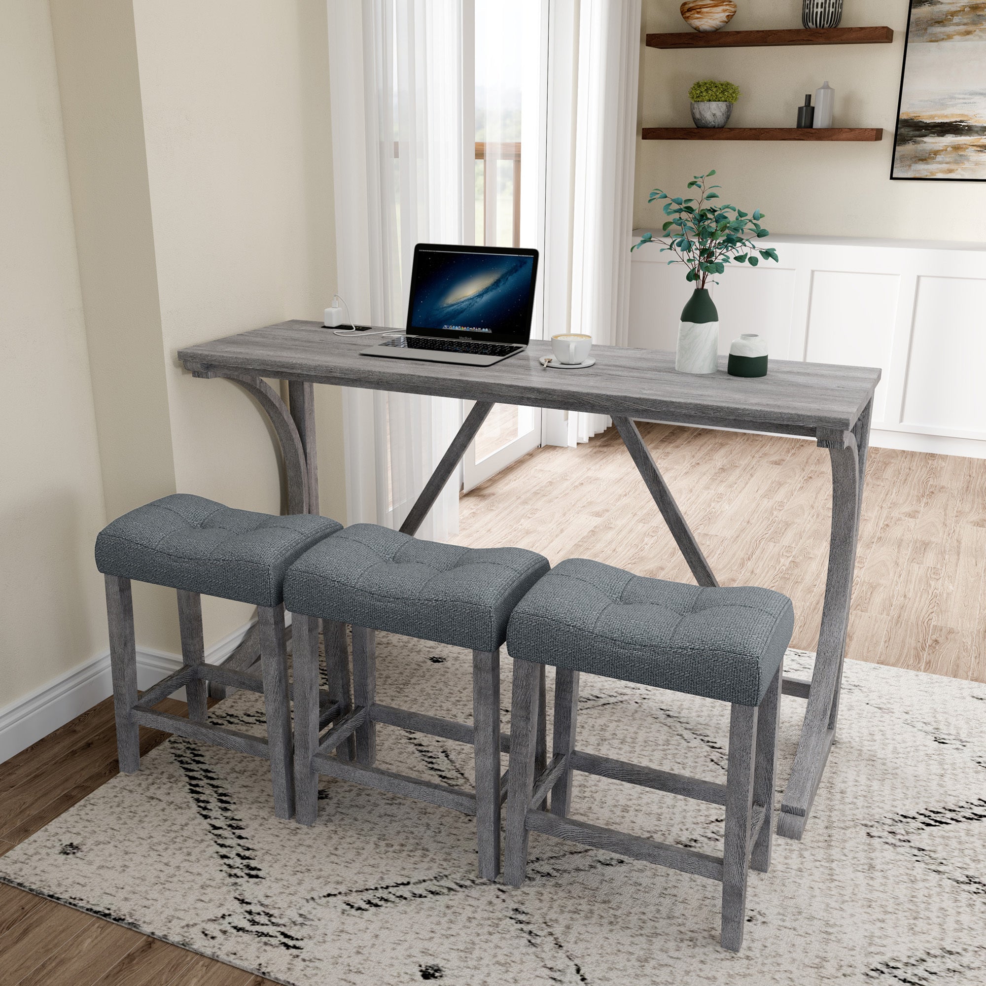 4-Piece Bar Table Set with Power Outlet | Industrial Dining Table &amp; Chairs Set