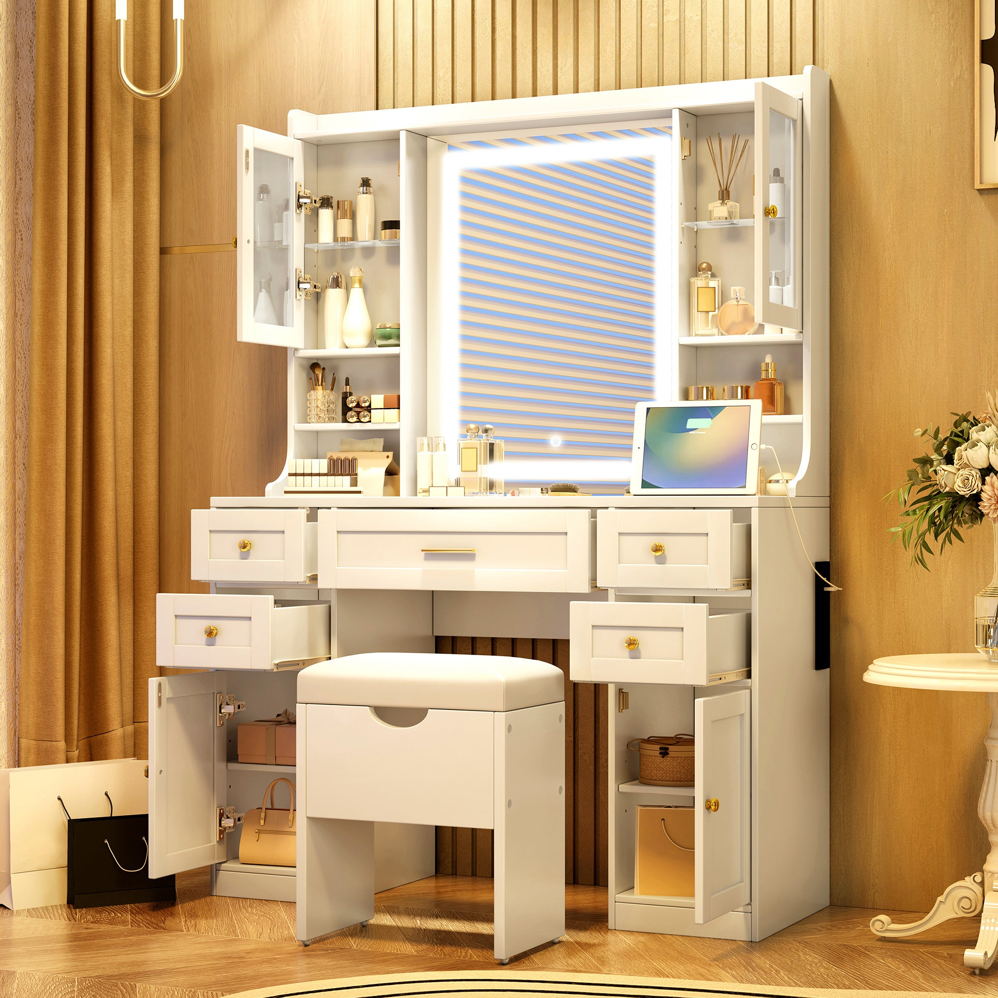 White Makeup Vanity Desk with Mirror & Lights | 41.4" Dressing Table with 9 Storage Drawers, Cabinets, Charging Station & Stool