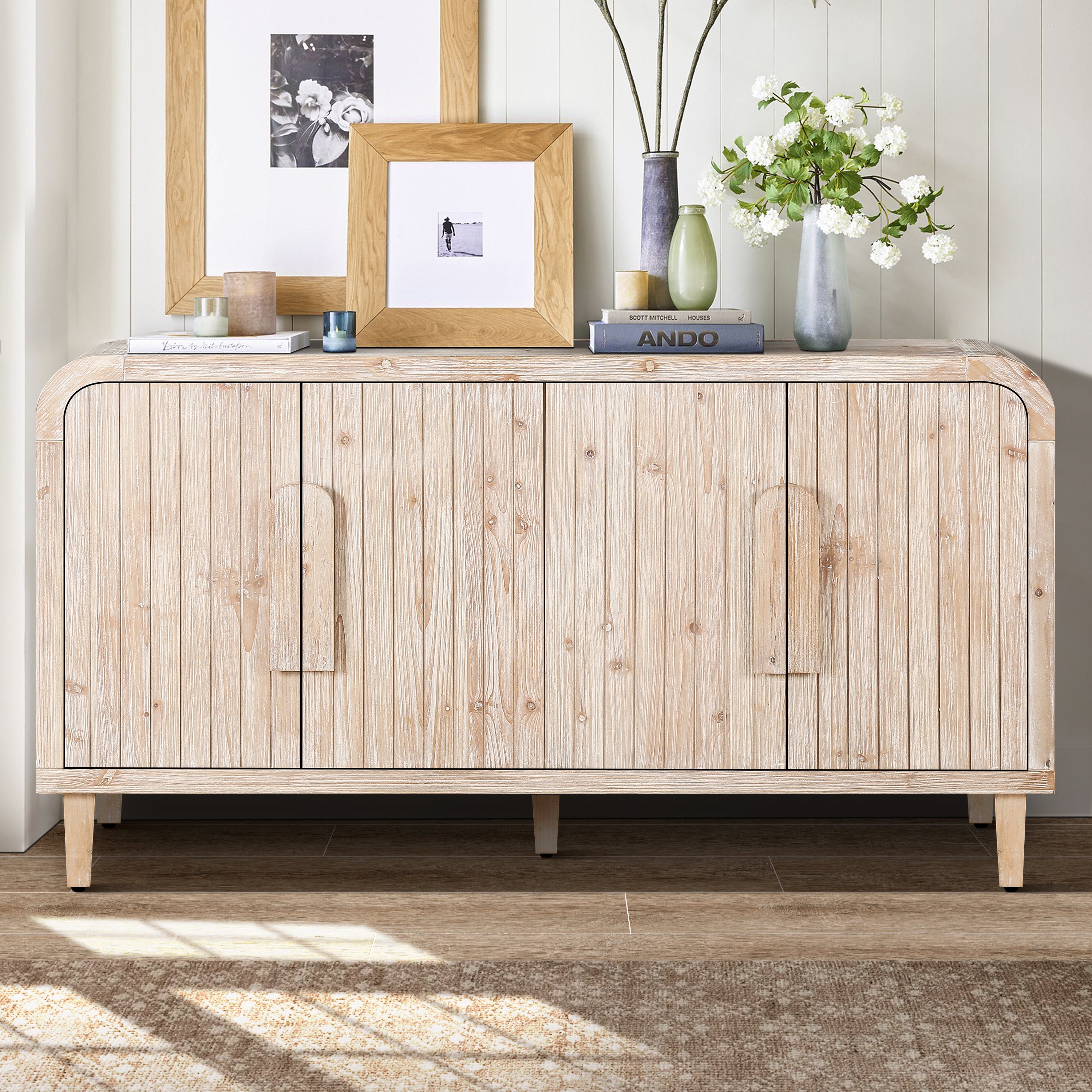 59'' Farmhouse Curved Vintage Storage Sideboard with Large Wooden Handles, Vertical Wood Grain Carving & Adjustable Shelves – Natural Wood Washed for Kitchen, Dining Room