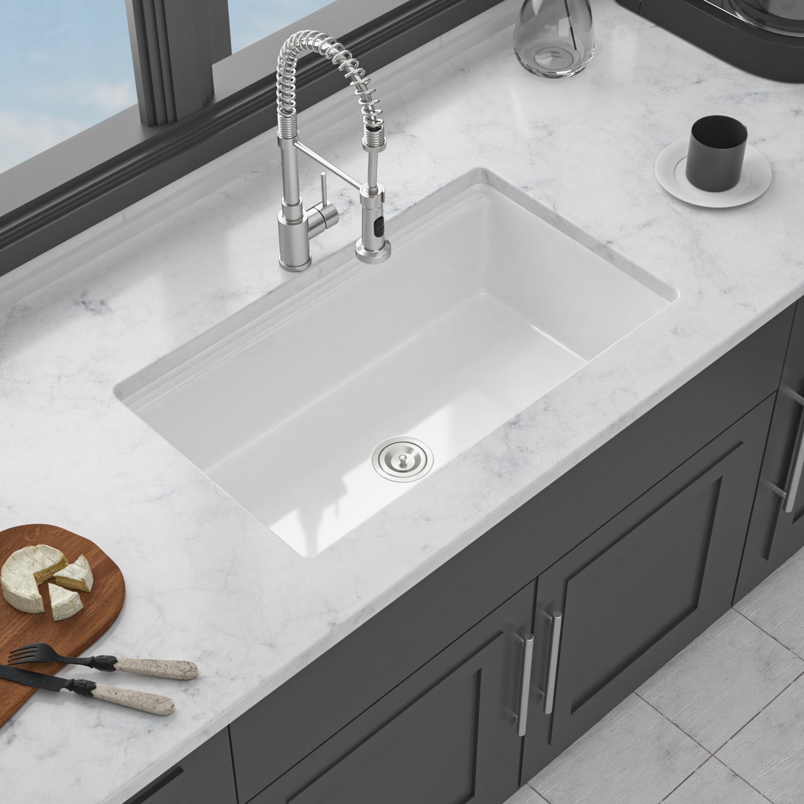 Undermount White Kitchen Sink Workstation - 33 inch White Porcelain Ceramic Single Bowl Dual Mount Kitchen Sink