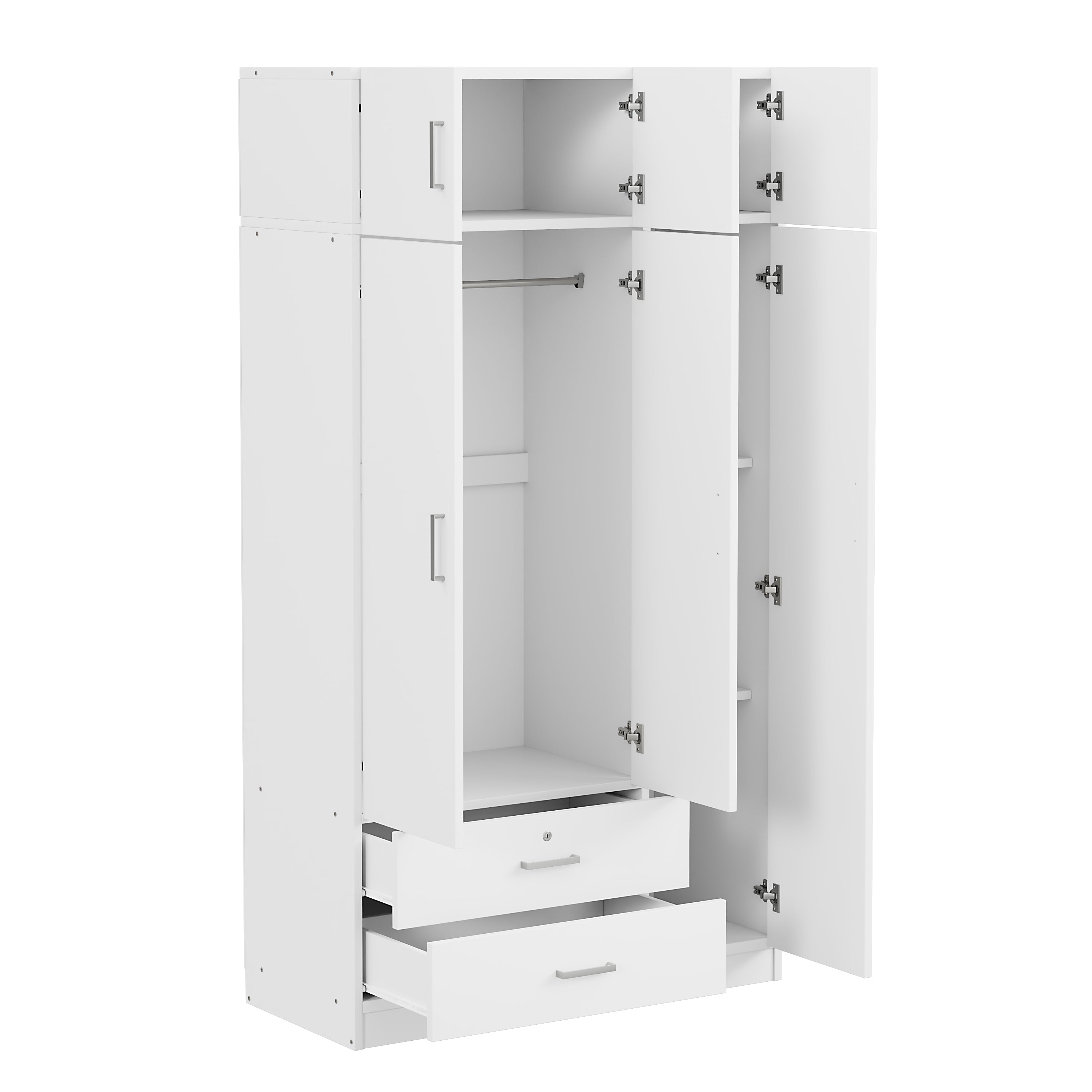 3-Door Mirror Wardrobe with 2 Drawers and Top Cabinet, White