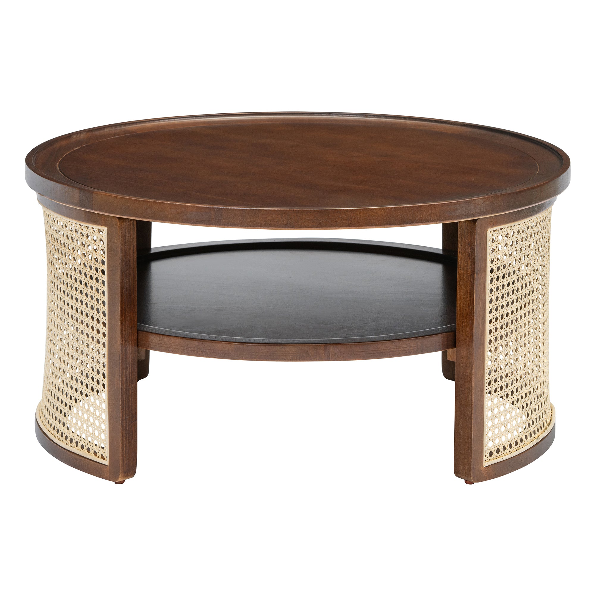 2-Tiered Round Walnut Wood Coffee Table with Storage Rattan Base in 31.3''