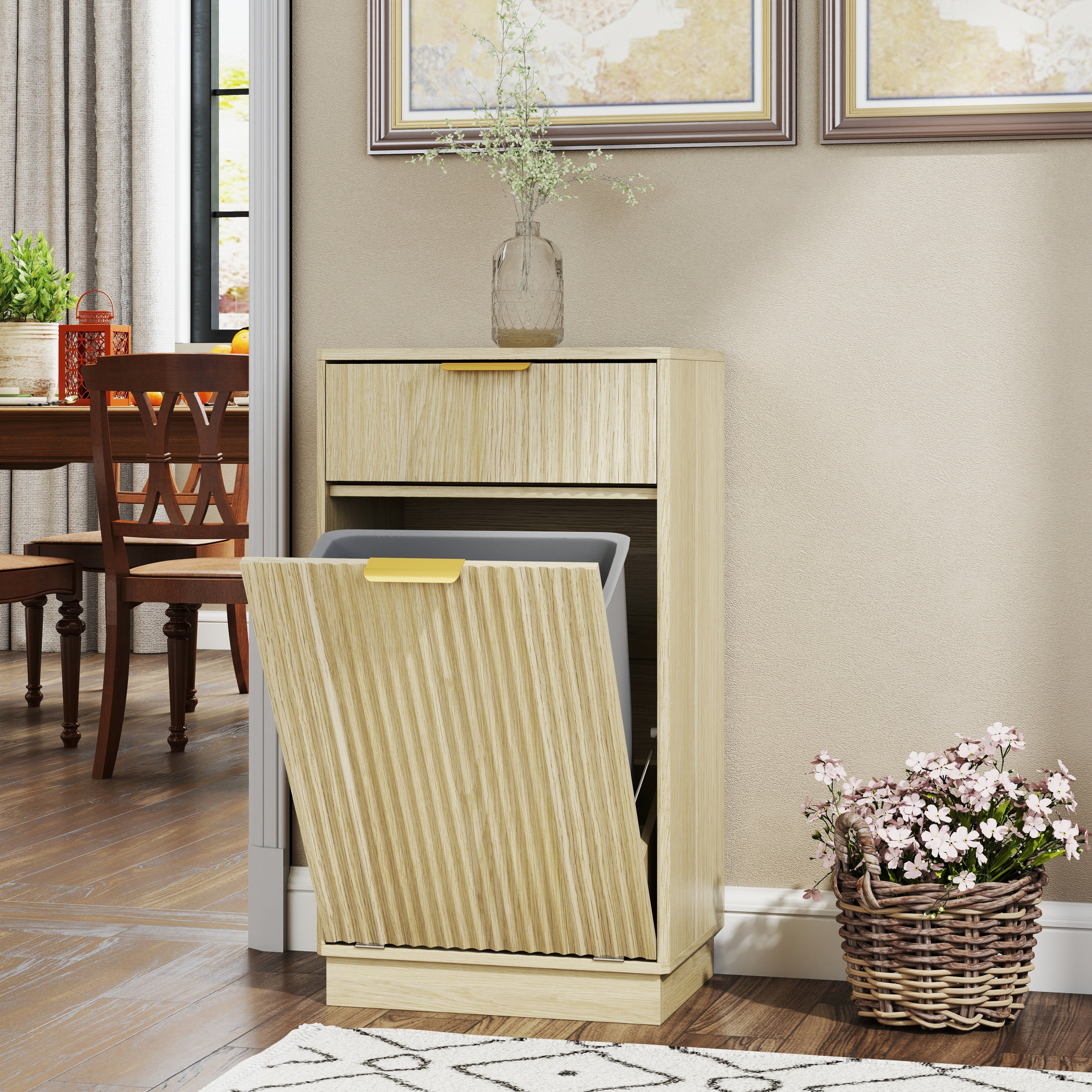 10-Gallon Woodgrain Tilt-Out Trash Cabinet with Drawer & Pull-Out Bin | Natural Finish