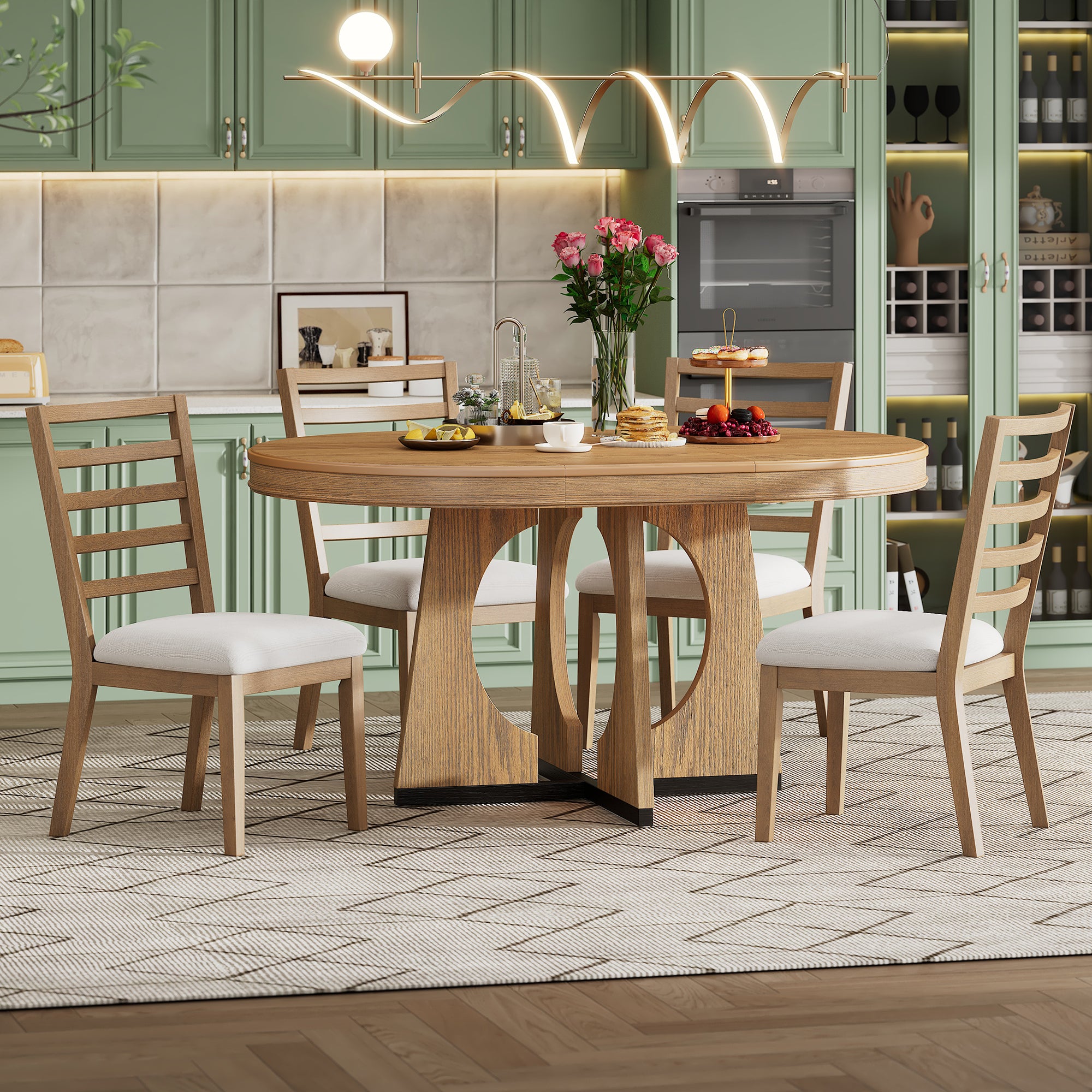 TREXM 5-Piece Retro Rustic Functional Dining Set – 1 Extendable Table with 16-Inch Leaf and 4 Upholstered Chairs, Unique Geometric Design, Ideal for Dining Room and Kitchen (Natural)
