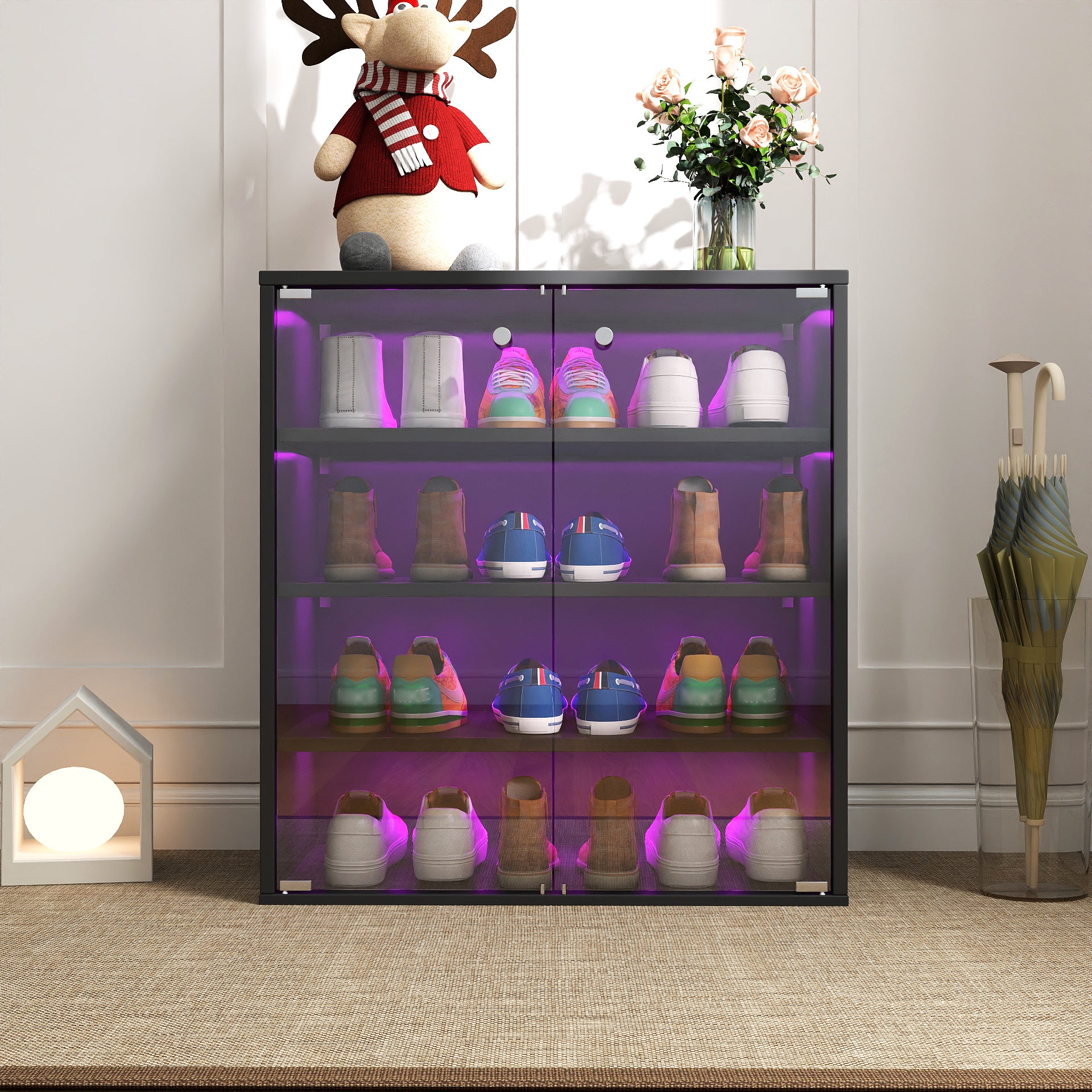Shoe Box with RGB LED Light, Wooden Stackable Shoe Storage Box with Glass Door, Shoe Storage Bin Shoe Display Case for Sneakers (4 Tier-1)