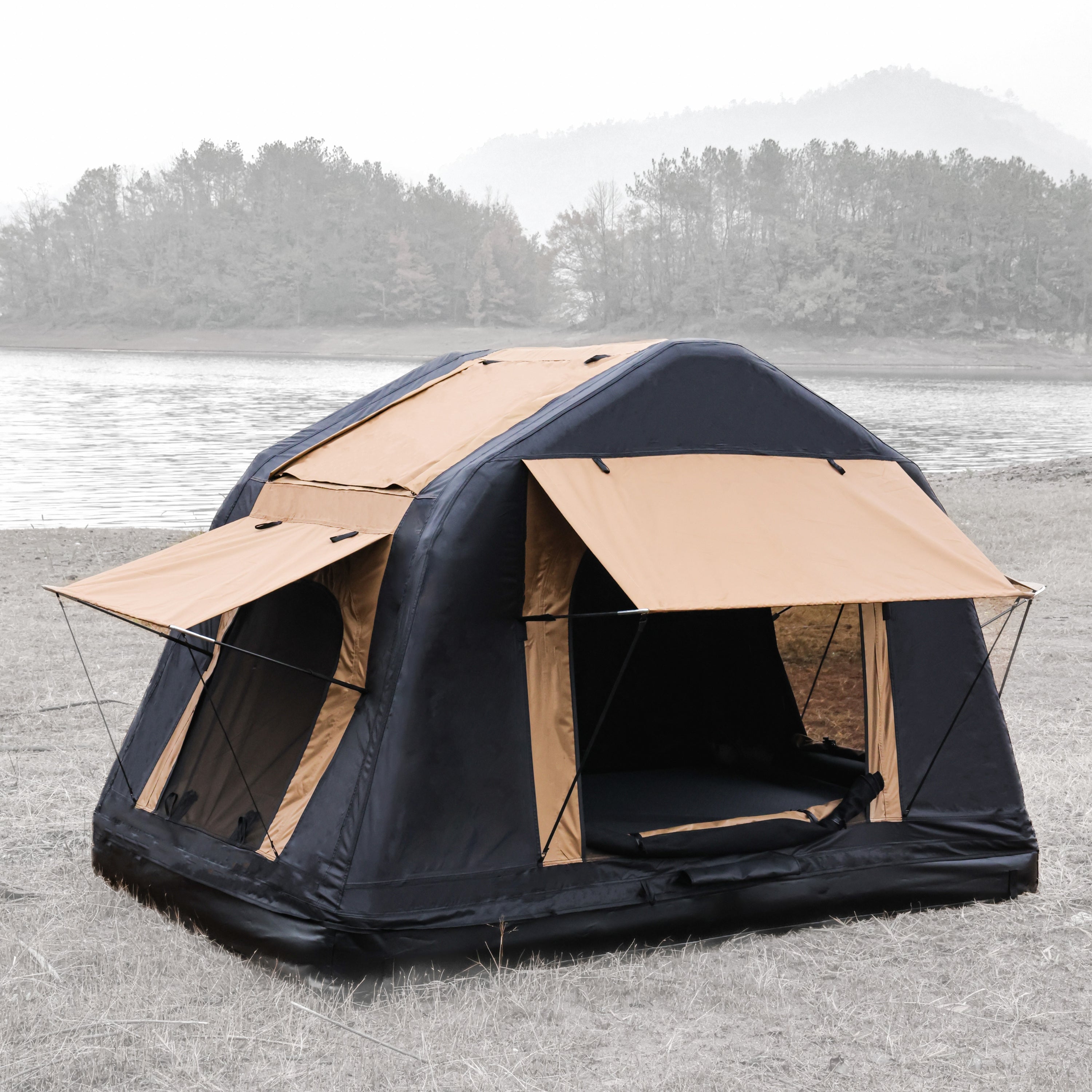 Foldable Amphibious Inflatable Roof Top Tent for 2-3 People – Two-Tone Khaki & Black, SUV & Truck Camping Tent (No Ladder)