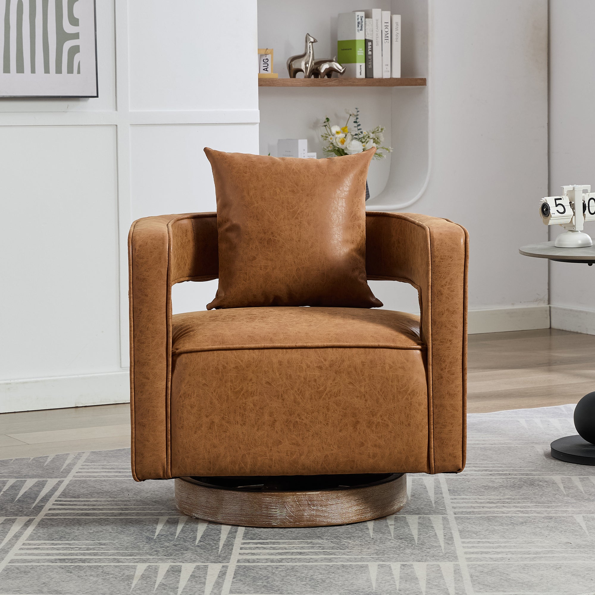 29.1"W Swivel Barrel Accent Chair – Modern PU Leather Open Back Club Chair with Weathered Base, Brown, for Living Room, Bedroom, Office, Lounge