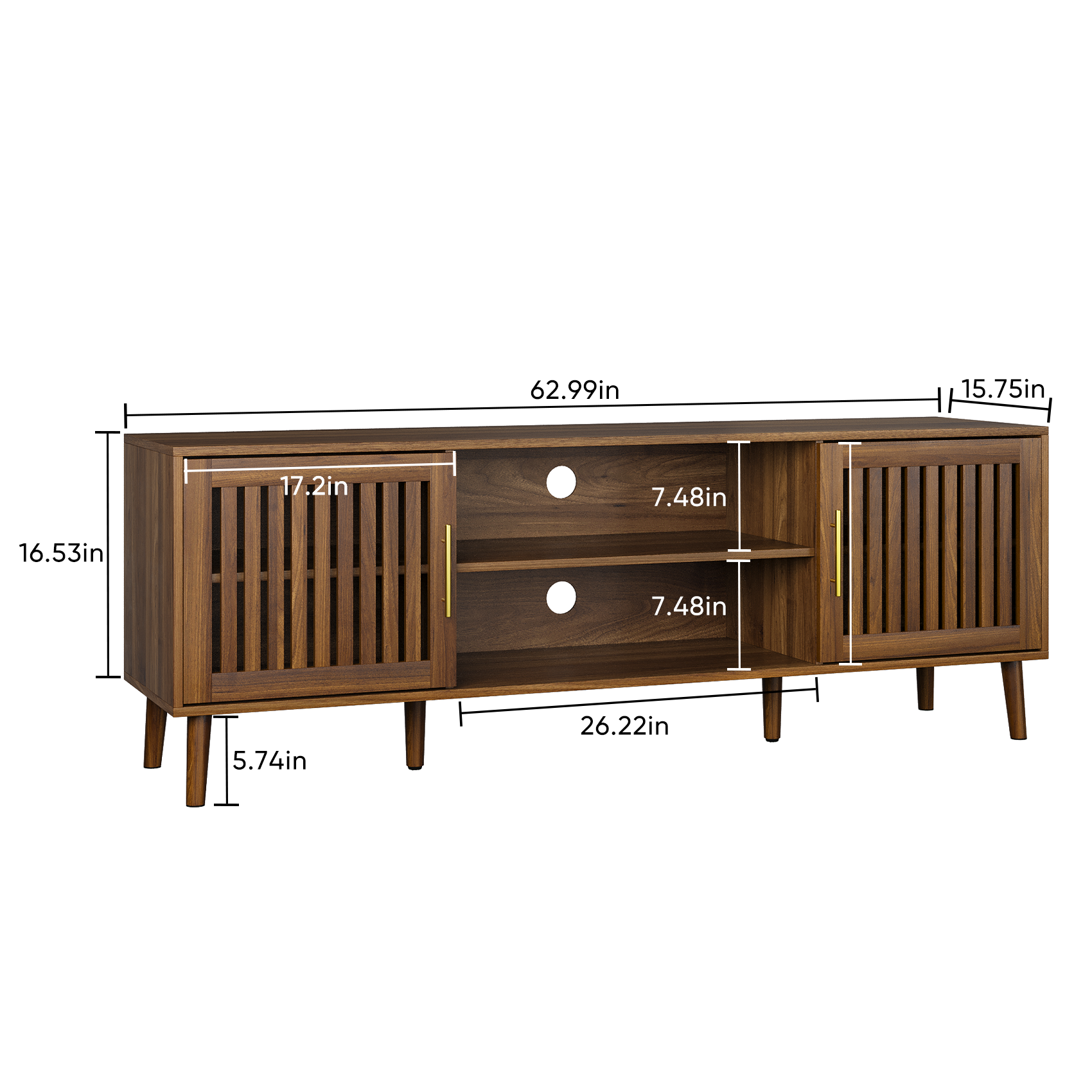 63-Inch Walnut TV Stand – Mid-Century Modern Entertainment Center with 2 Grille Door Cabinets & Adjustable Storage Rack, Fits 55/65/70 Inch TVs