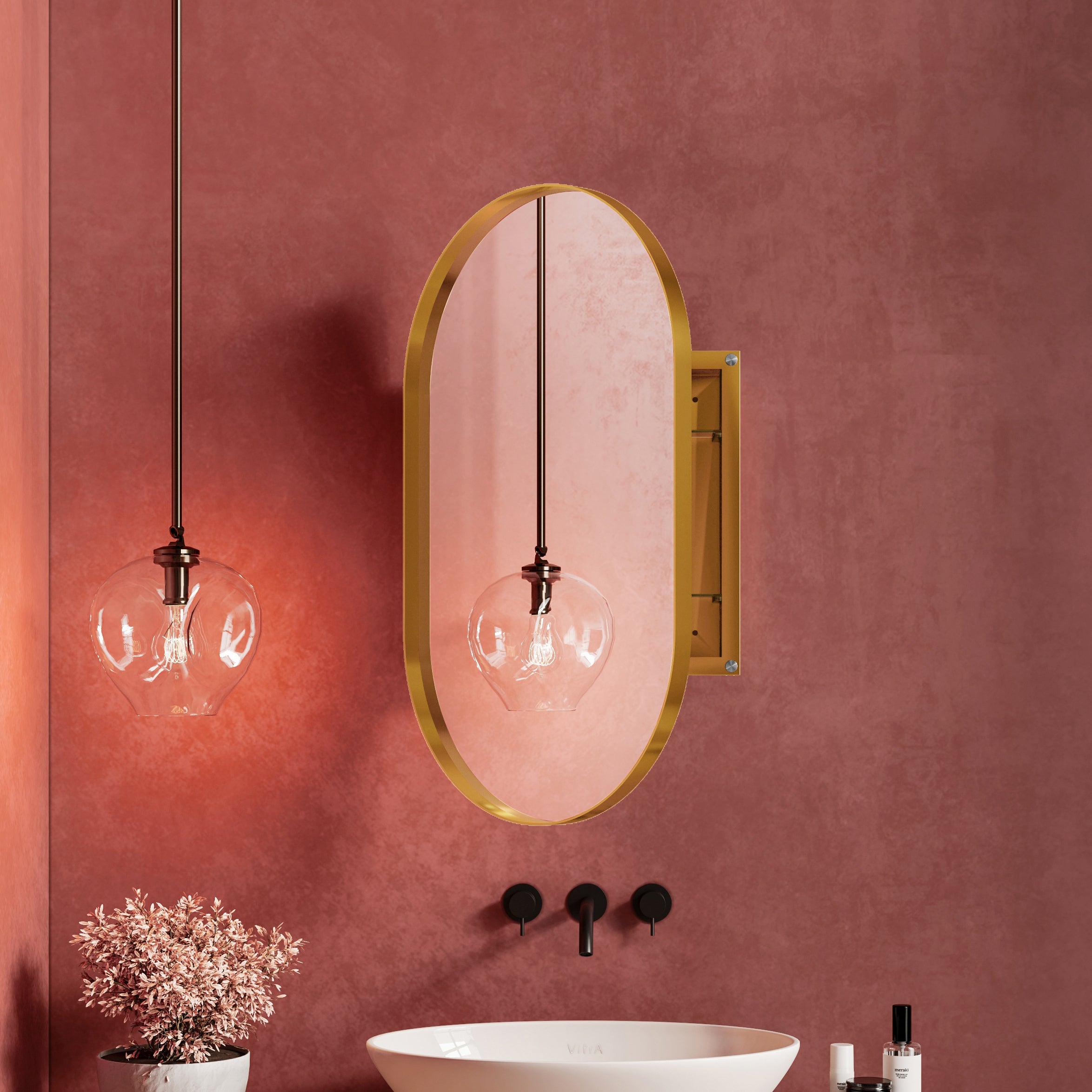 20x34" Oval Recessed Medicine Cabinet, Metal Framed Bathroom Wall Cabinet with Mirror, Adjustable Shelves, Matte Gold Wall Mirror with Storage for Bathroom