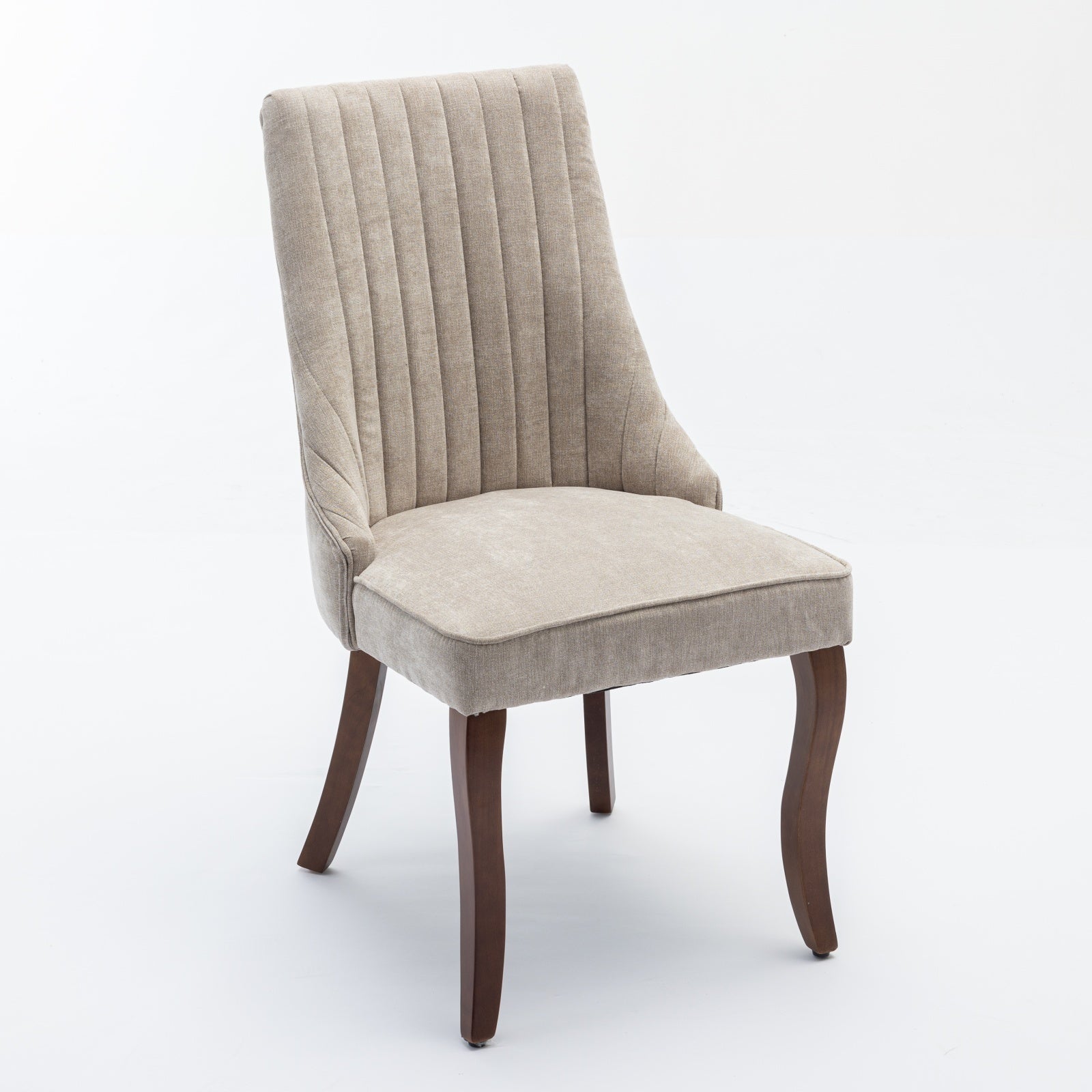Set of 2 Beige Dining Chairs | Channel Upholstered Accent Chairs with Solid Wood Legs