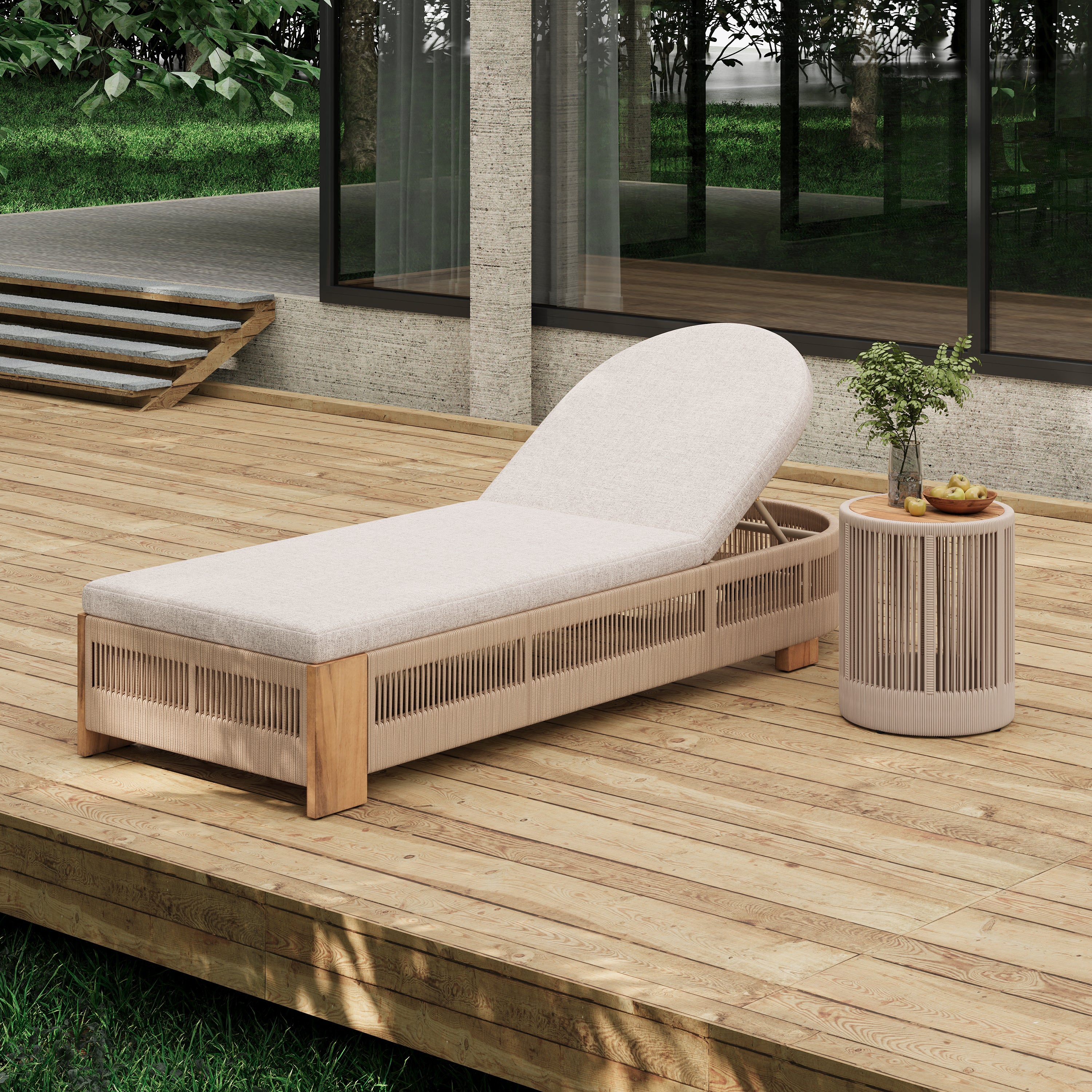 Outdoor Rope Chaise Lounge Set – 3-Piece Patio Furniture with Adjustable Backrests, Teak-Look Acacia Wood Side Table, Beige Cushions, Beige Rope Design – Ideal for Poolside & Garden Lounging