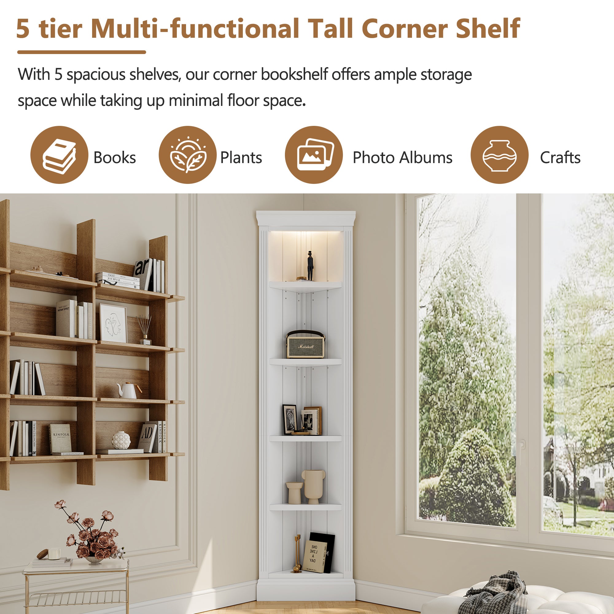 83.4"Tall Modern Corner Shelf,5 Tier Corner Bookcase with LED Light, Storage Standing Shelf Unit, Open Corner Plant Display Stand for Small Space for Living Room,Wall Corner, Home Office,White