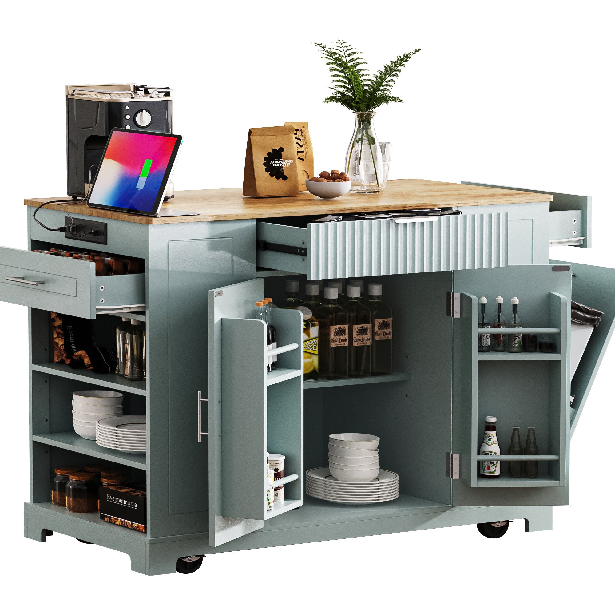 : K&K Fluted Kitchen Island with Trash Can Storage Cabinet, Power Outlet, Internal Storage Rack, Rolling on 5 Wheels, 3 Drawers, 3 Open Side Racks for 10 Gallon Garbage Bin, Grey Blue