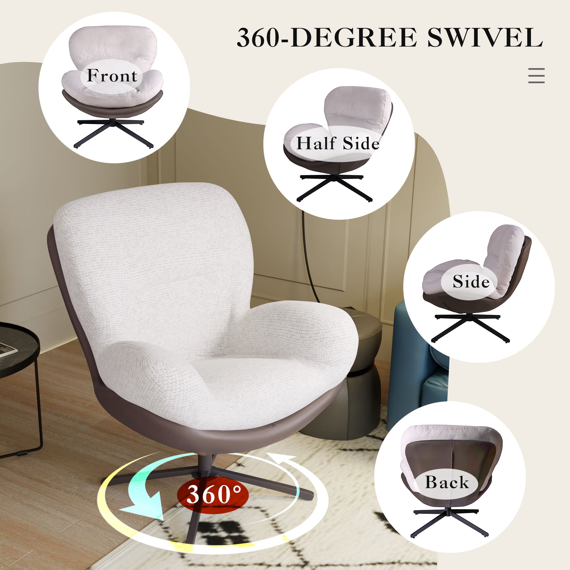360° Swivel Office Chair, Modern Chenille Chair with Faux Leather and Black Metal Base Frame, No Wheels, Accent Chair for Small Spaces, Living Room, Bedroom, Reading Corner, Office (White)
