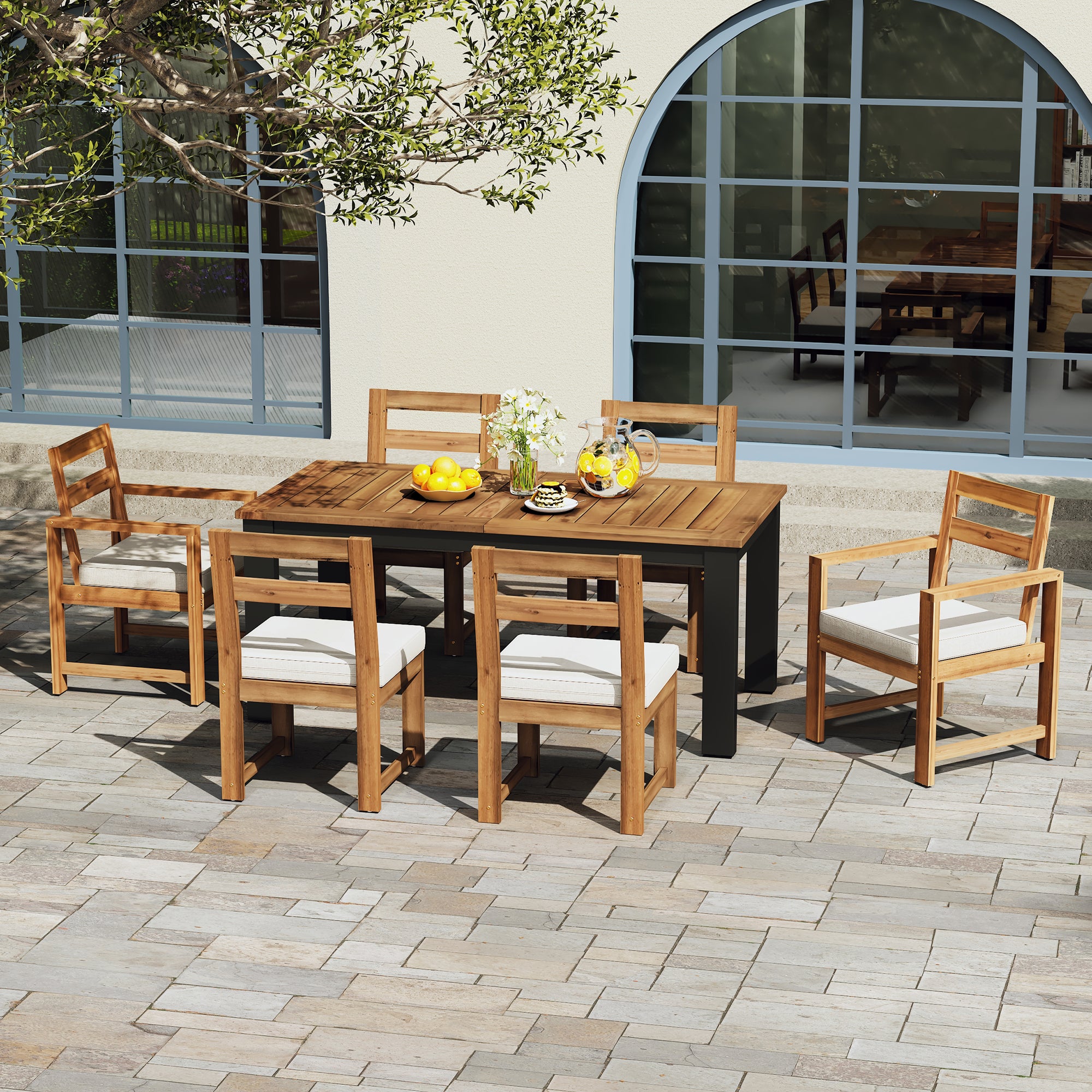 TREXM 7-Piece Patio Dining Set – Wood Outdoor Table with Umbrella Hole, 2 Armchairs & 4 Side Chairs, Garden Furniture (Light Teak + Beige)