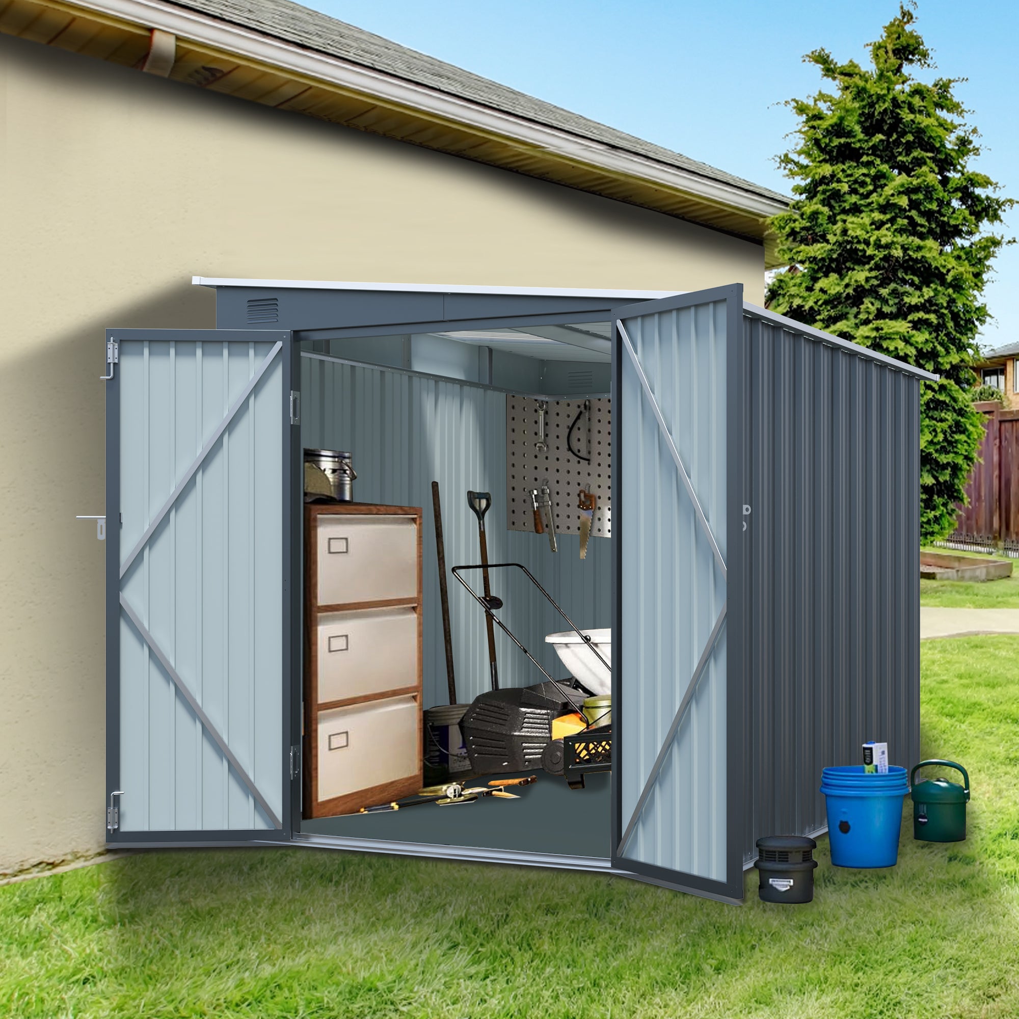 6x8FT Galvanized Steel Outdoor Storage Shed | Metal Lean-To Shed with Lockable Double Doors