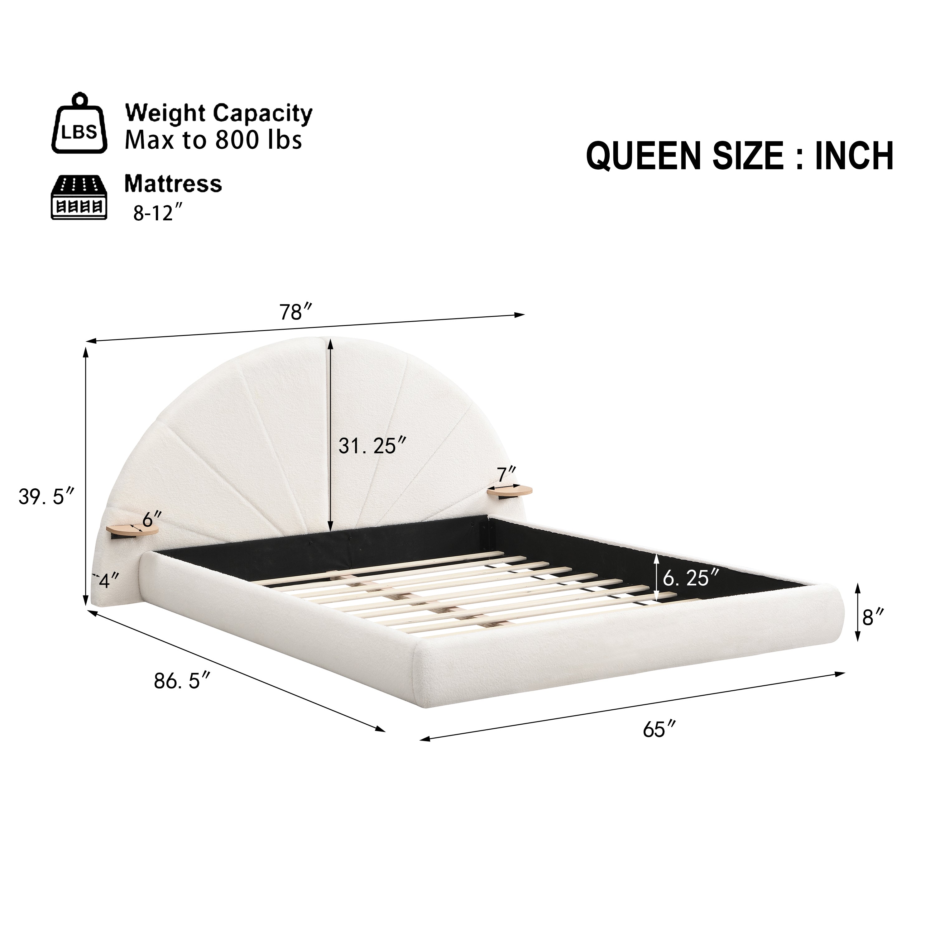 Unique Arched Boucle Bed with Small Table,Queen,Beige