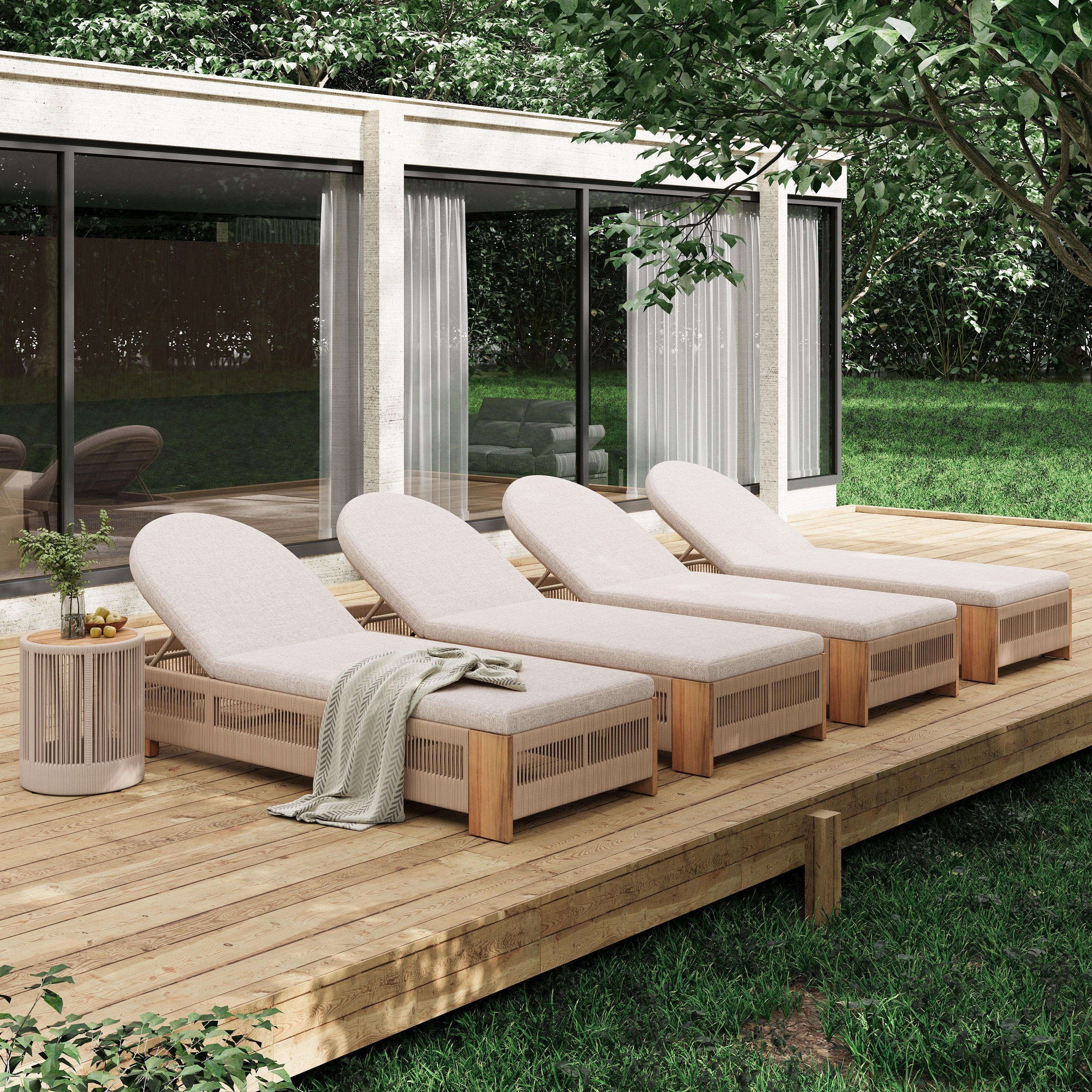 Outdoor Rope Chaise Lounge Set – 3-Piece Patio Furniture with Adjustable Backrests, Teak-Look Acacia Wood Side Table, Beige Cushions, Beige Rope Design – Ideal for Poolside & Garden Lounging