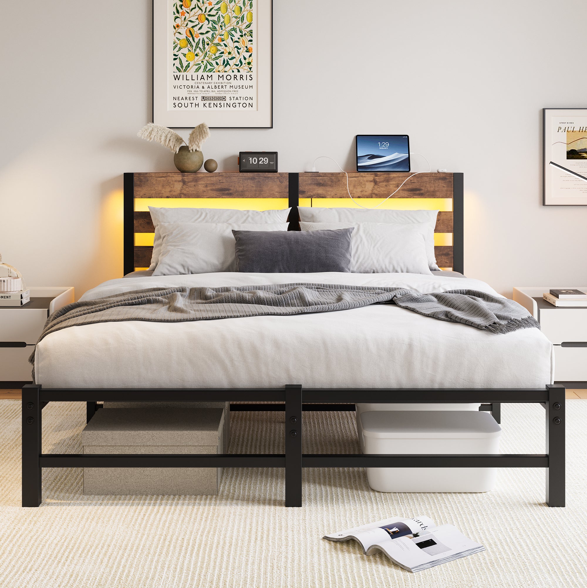 Queen Metal Bed Frame - RGB Headboard, Charger, Storage, Rustic Brown