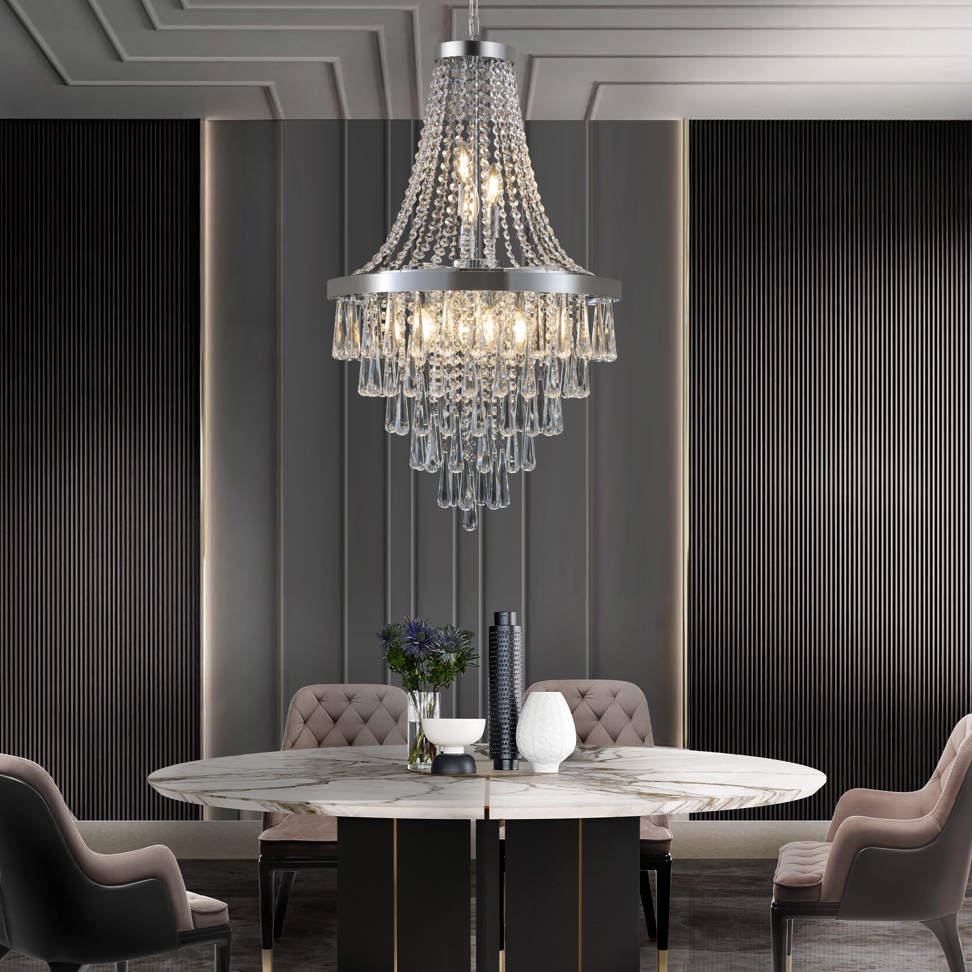 20" Chrome Crystal Chandelier - Modern Adjustable Ceiling Light