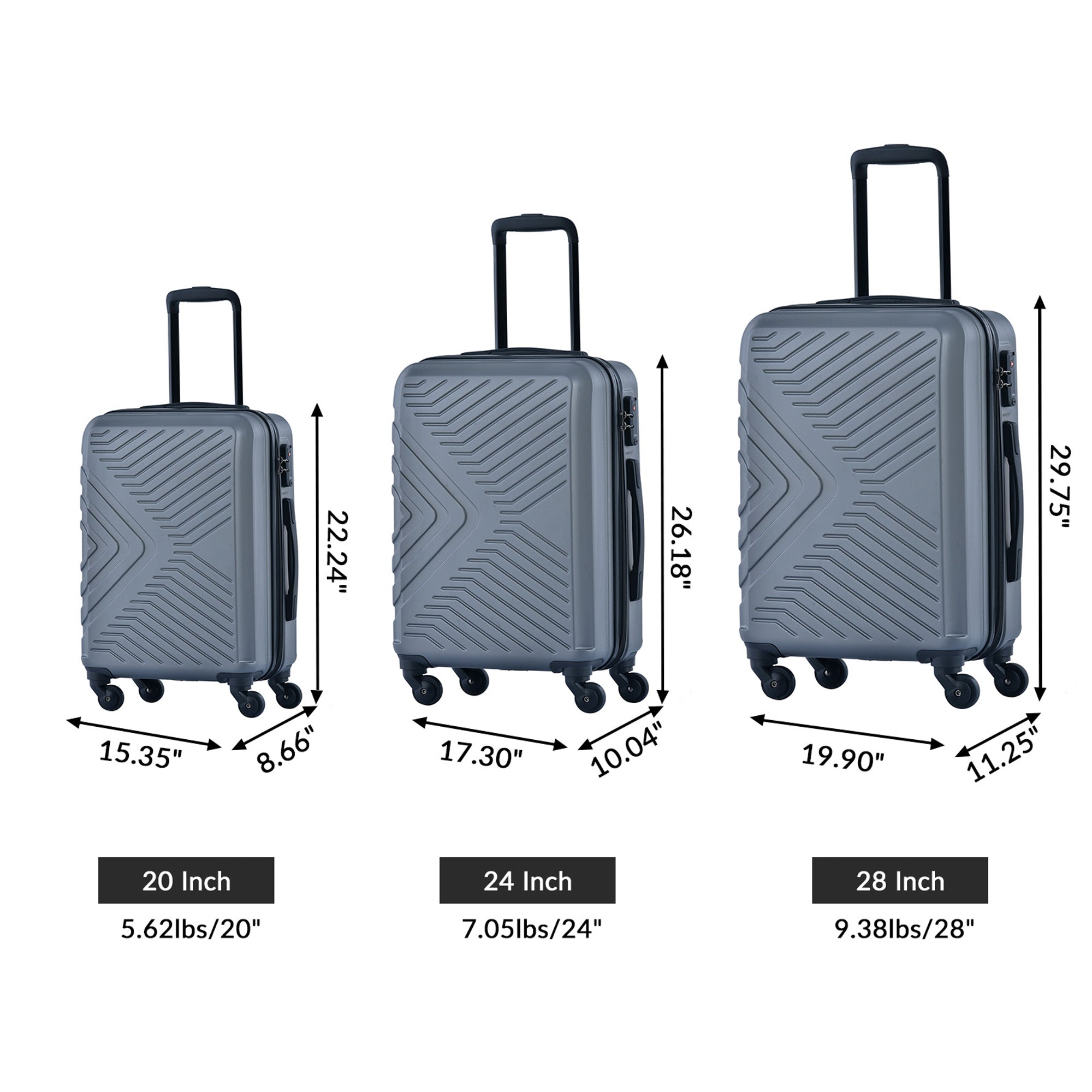 3 Piece Luggage Sets ABS Lightweight Suitcase with Two Hooks, Spinner Wheels, TSA Lock, Gray (20/24/28)