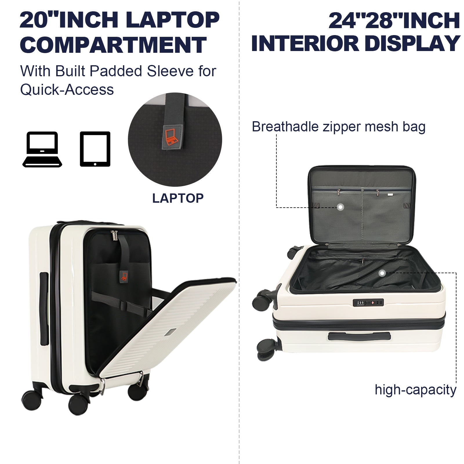 Luggage,with front opening,TSA approved lock,hardshell suitcase,White