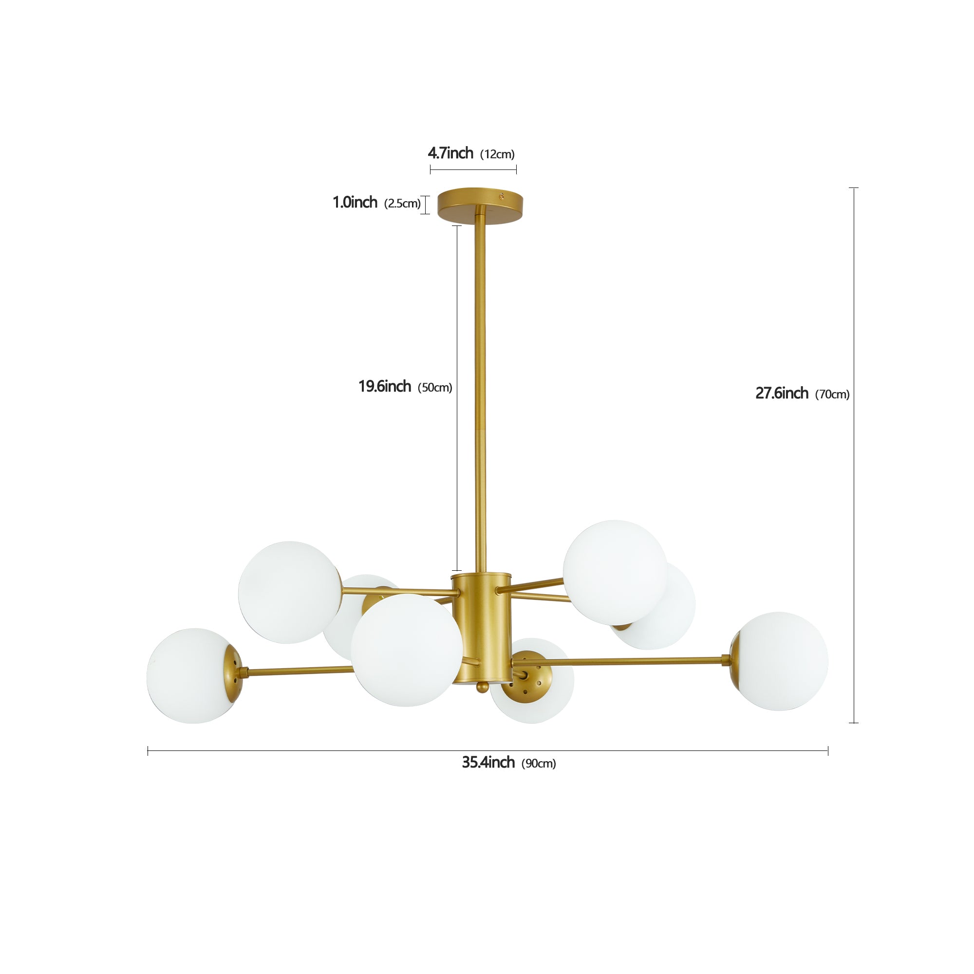 35' Modern 8-Light Gold Chandelier with White Glass Globe Shades, Mid-Century Branching Design, Elegant Ceiling Light Fixture for Dining Room, Living Room, or Bedroom (No Bulbs)