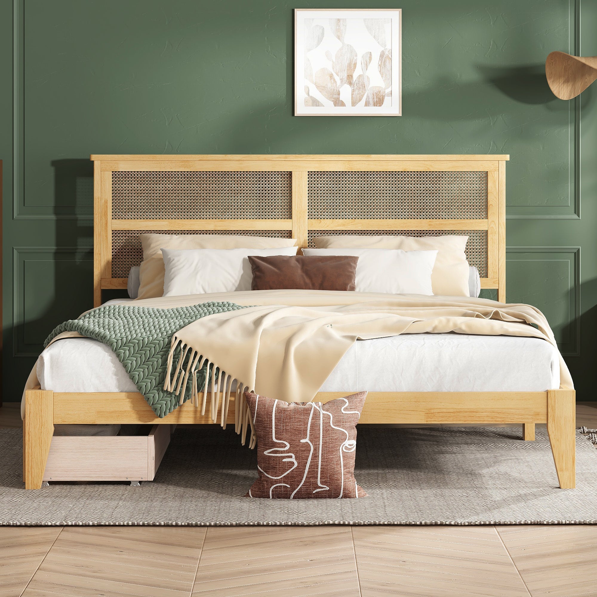 King Size Bed with Rattan Headboard, Two Storage Drawers, Rubber Wood Bed with Enhanced Support Salts and Feet,White Oak