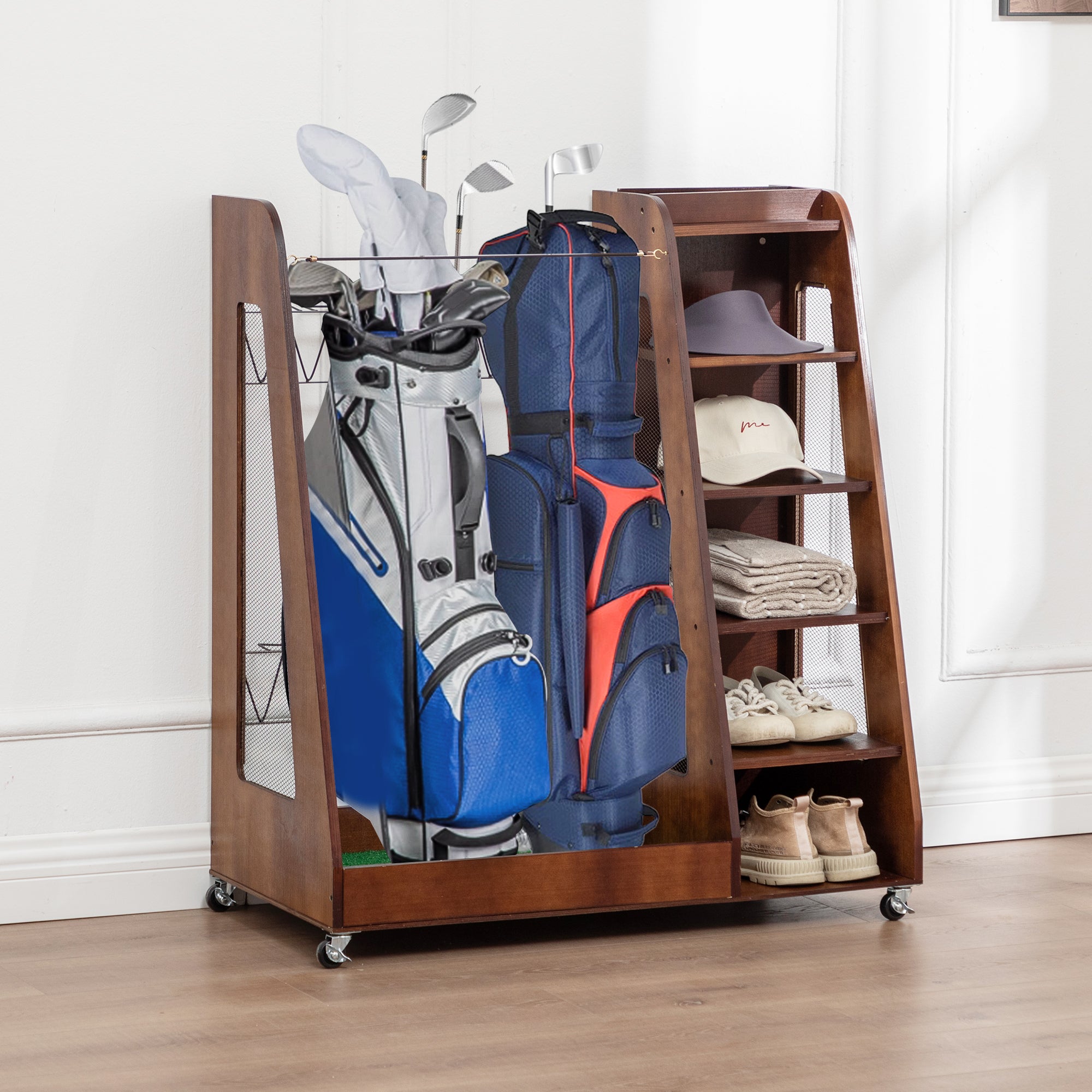 Golf Bag Organizer for Garage, Premium Wooden Golf Clubs Storage Rack Fit 2 Golf Bags, Golf Trunk Organizer for Car Garage Club Shed Basement,Brown
