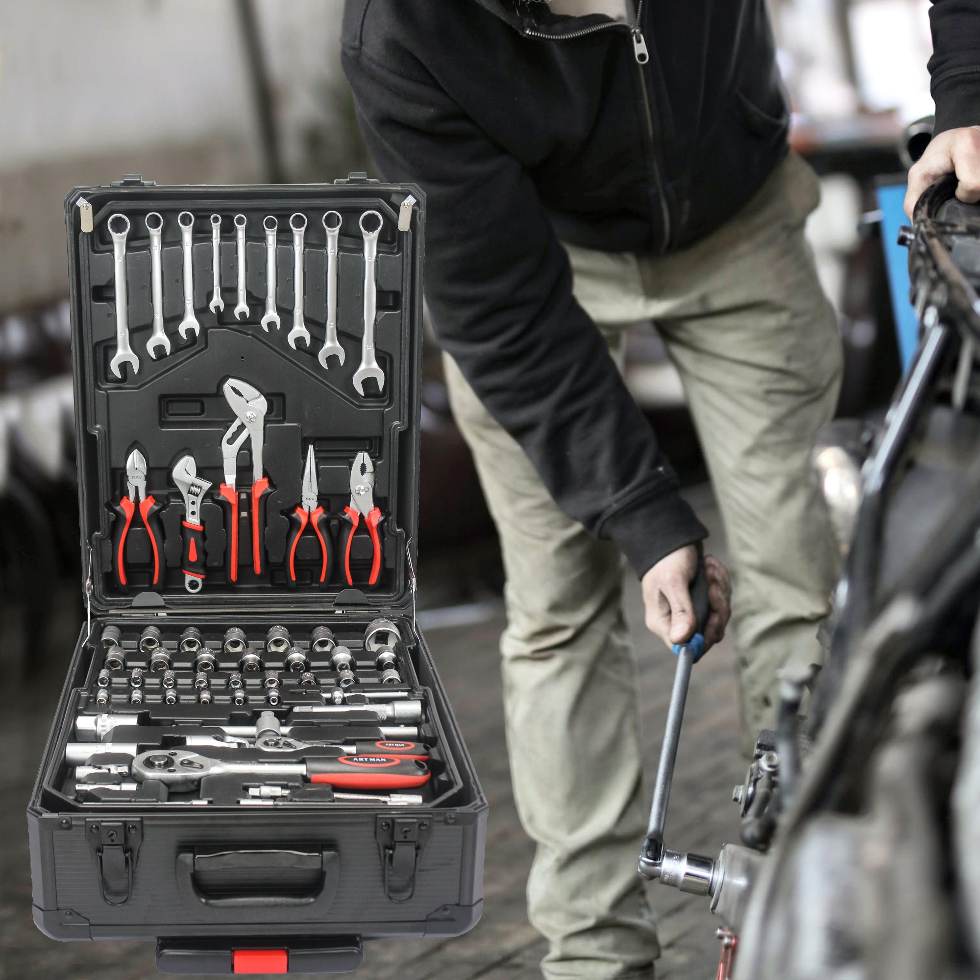 899-Piece Home Repair Tool Set with Rolling Plastic Toolbox, 4 Drawers, General Household Maintenance Kit for Garden, Homeowner, Handyman, Black