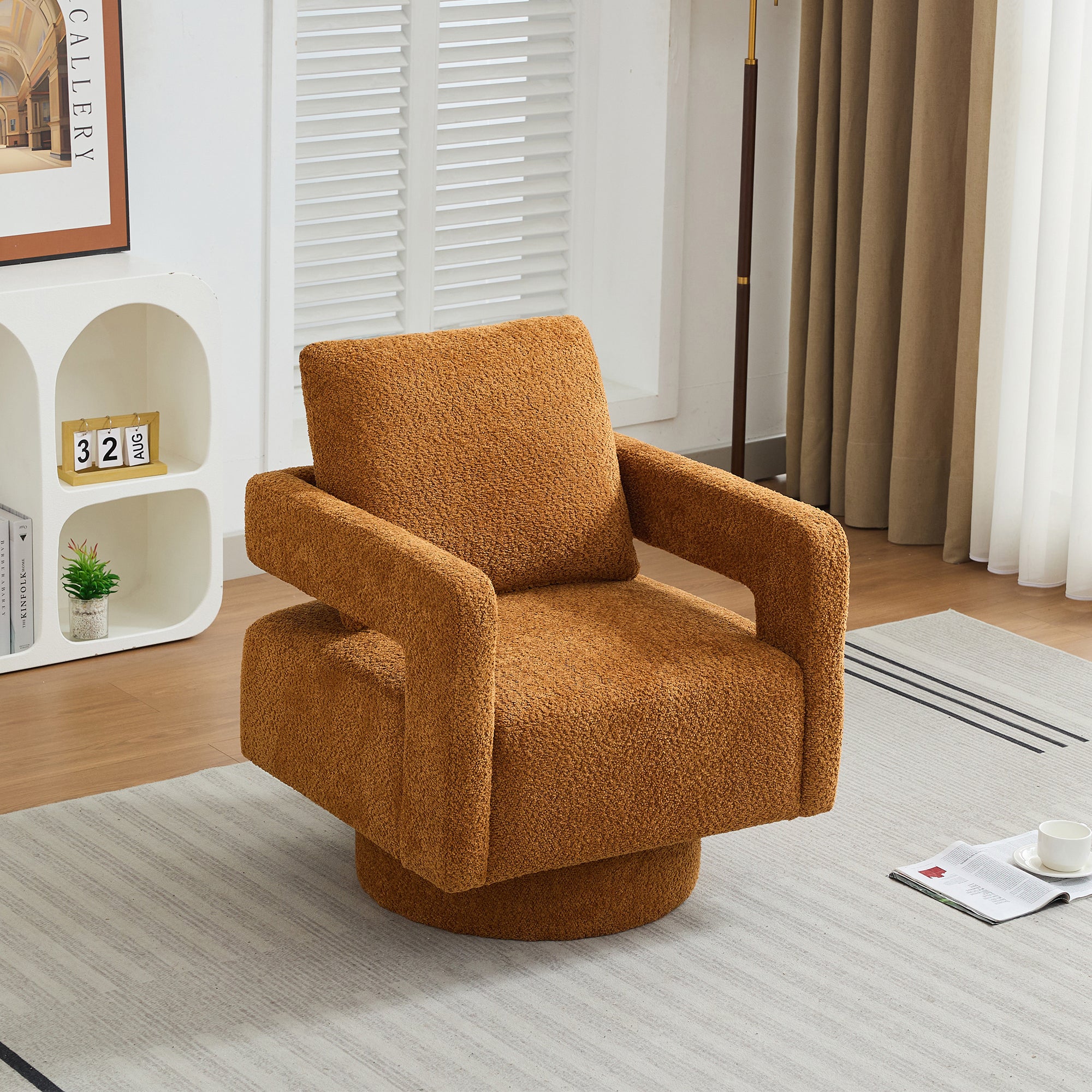 29.13" W Square Swivel Accent Chair, Modern Rotating Arm Chair with Open Back,360 Degree Rotation, Lounge Club Chair with Removable Back Cushion for Living Room, Hotel, Bed Room,Caramel
