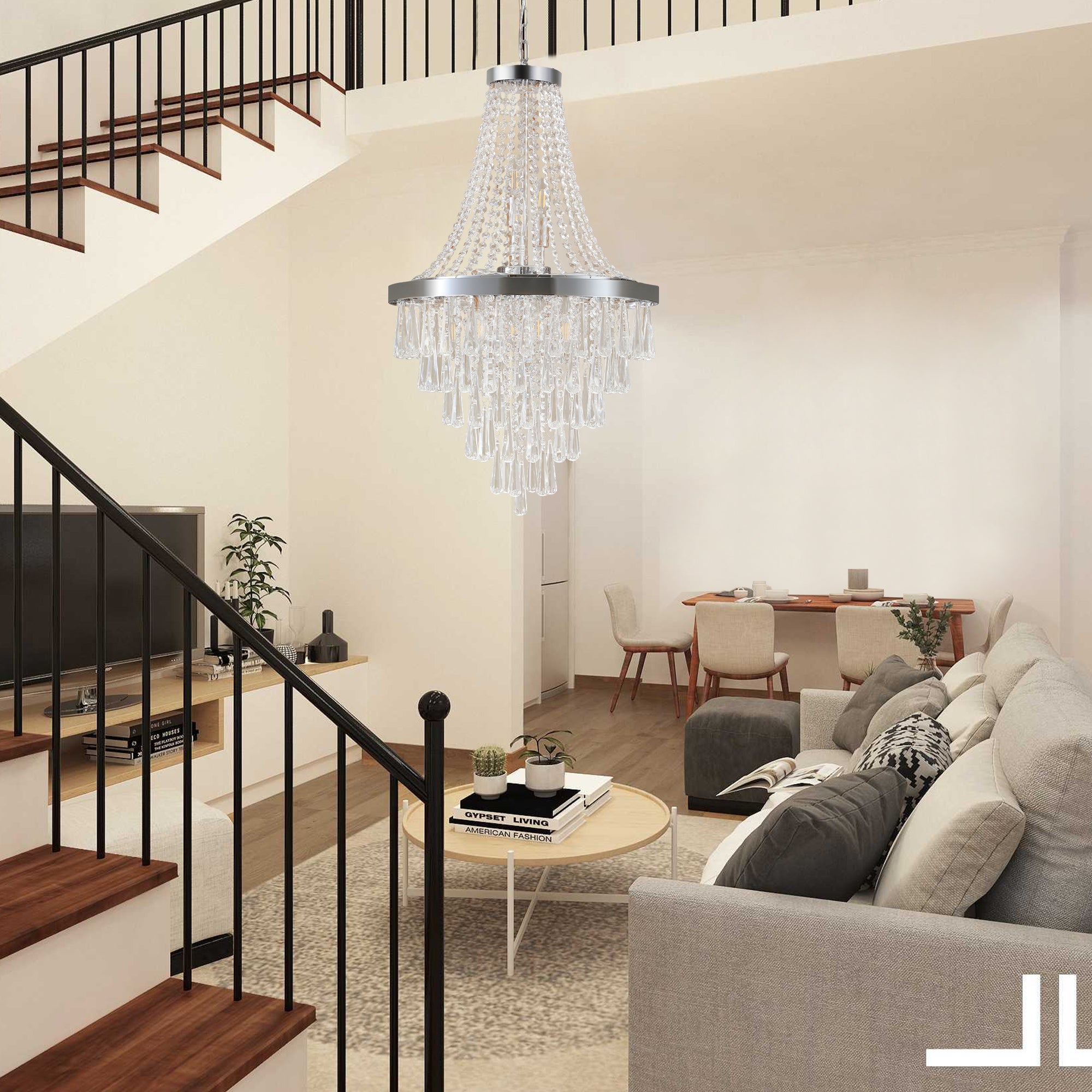 20" Chrome Crystal Chandelier - Modern Adjustable Ceiling Light