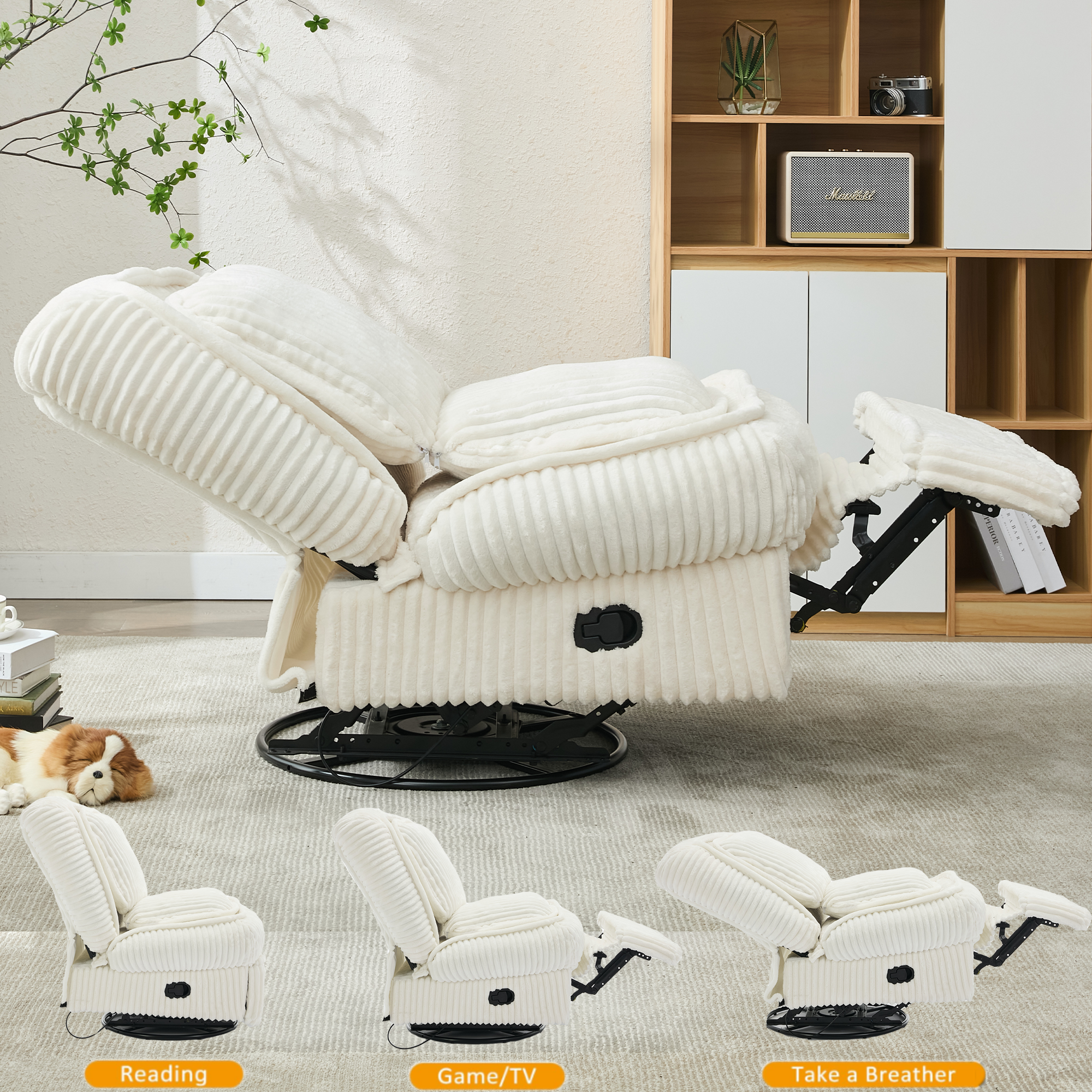 [NEW ARRIVAL] 360° Swivel Rocking Recliner Chair – Manual Glider Armless Single Sofa with Adjustable Backrest, Footrest & Pillows, Corduroy Upholstery for Living Room or Small Spaces, Beige