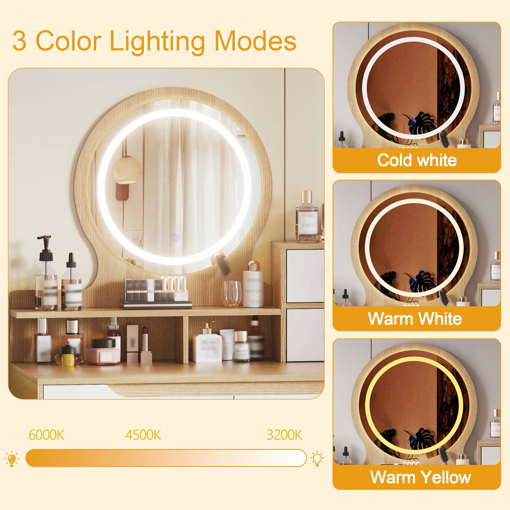 Makeup Vanity Desk with 3 Adjustable Lighted Mirror, Solid Wood Table Feet, Dressing Table Set with 4 Drawers & 3 Open Shelves for Small Space Bedroom
