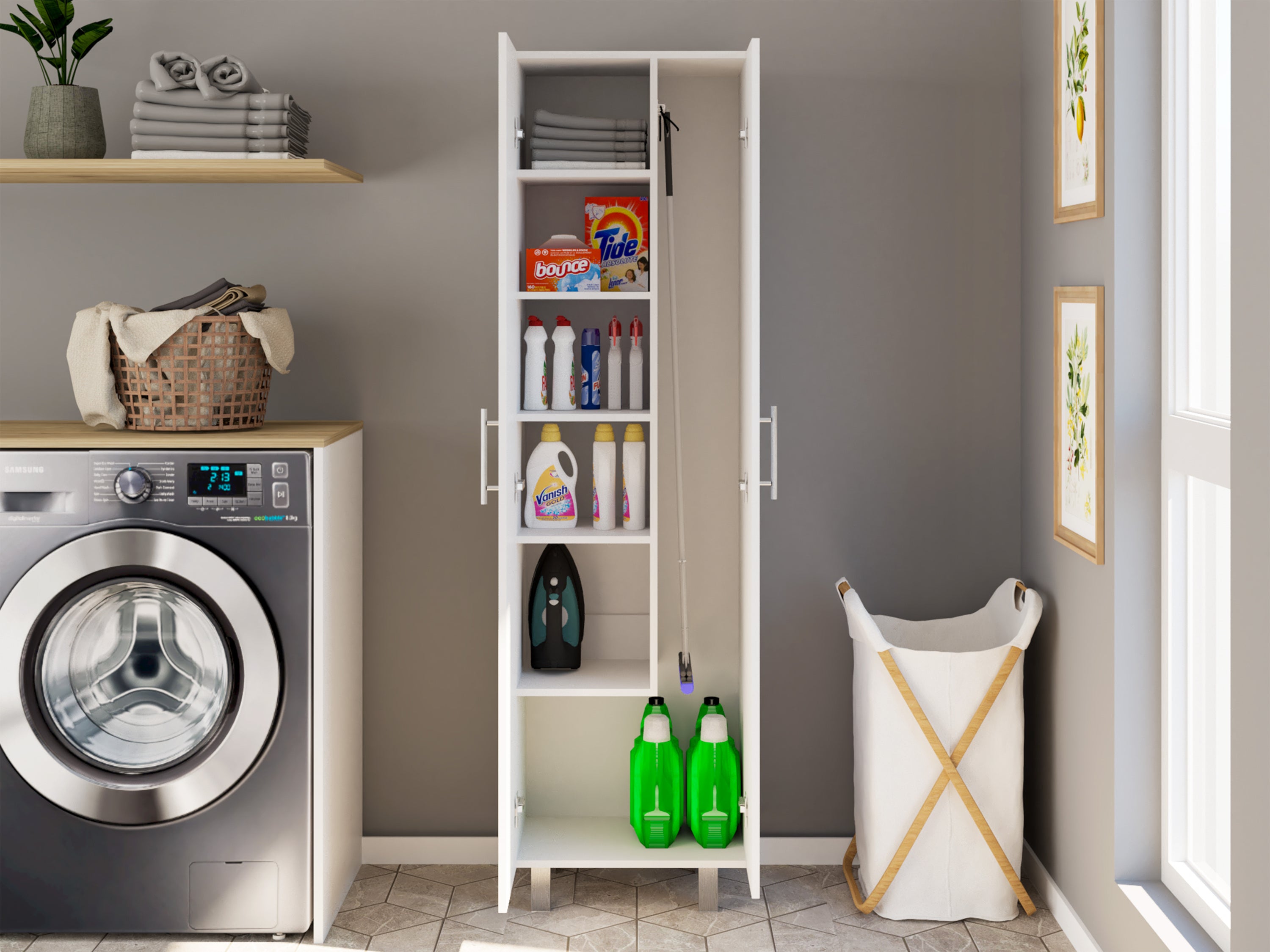 Cleaning Cabinet with Five Shelves and Broom Hangers, White