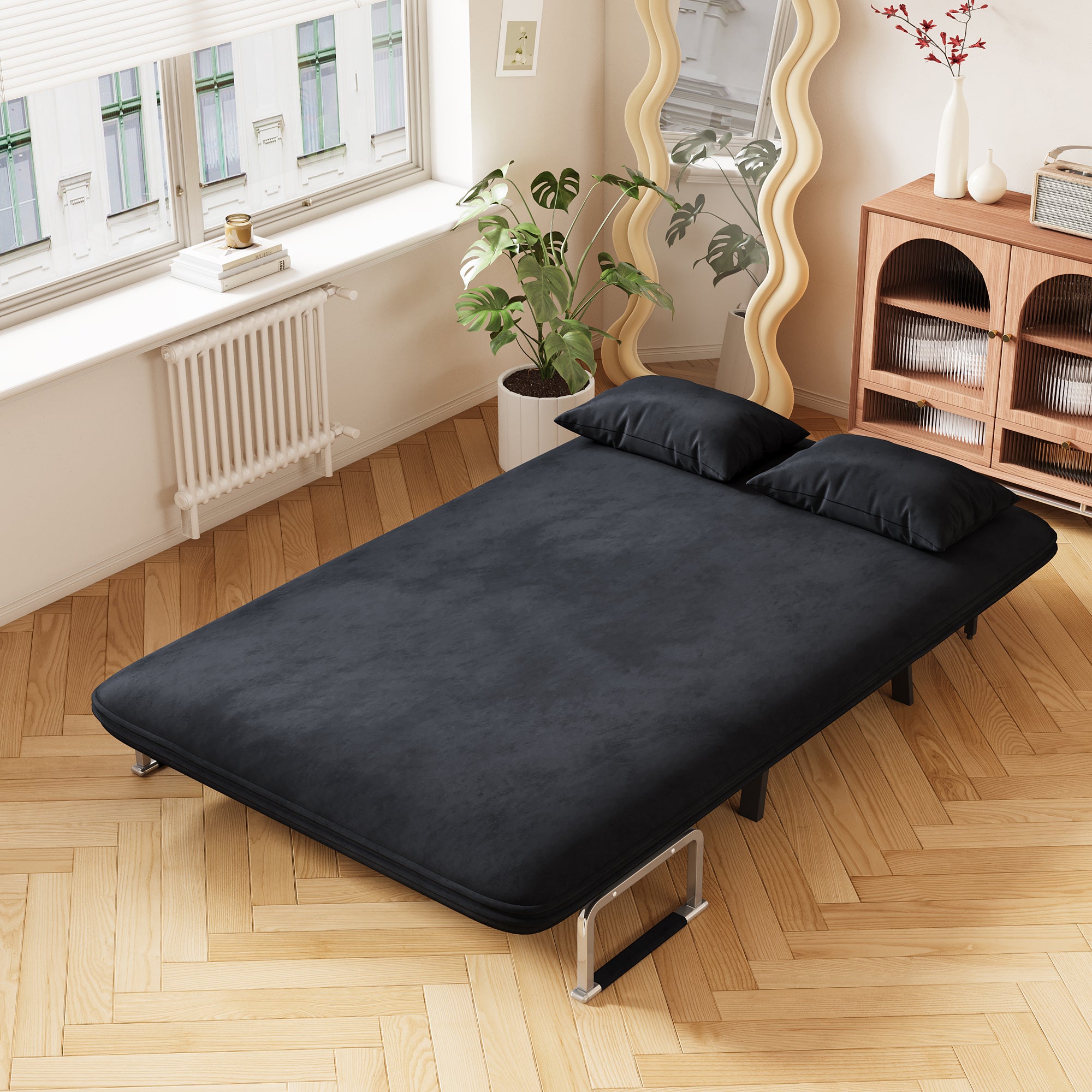 39″ Convertible Chair Bed, Tri-Fold Sofa Bed with Adjustable Backrest & Pillow, Leisure Chaise Lounge Couch with Sturdy Steel Frame for Home & Office, Comfortable Sleeper Chair black