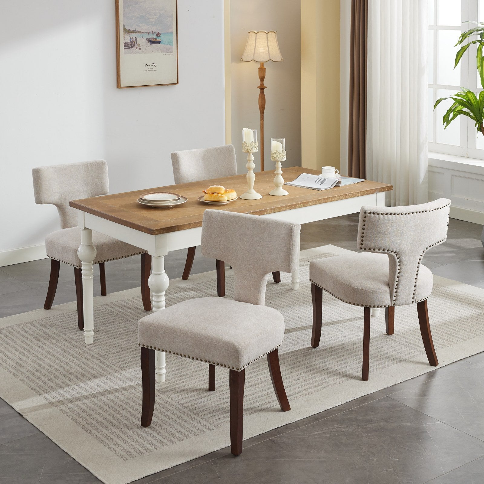 Mid Century Modern Dining Chairs Set of 2, Farmhouse Linen Fabric Upholstered Accent Chair Curved Backrest with Copper Nails around,Kitchen Chairs with Hardwood Frame, Beige