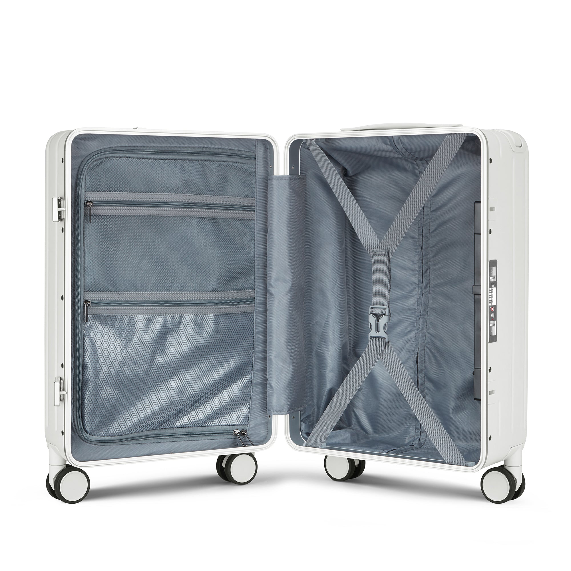 Aluminum Frame 20 Inch with Front Open Carry-on Luggage, PC Hard Shell Suitcase, Bounce Wide Handle Pull Rod Luggage with 360°Double Wheels, Built-In TSA Lock, Airline Approved Suitcase for Business