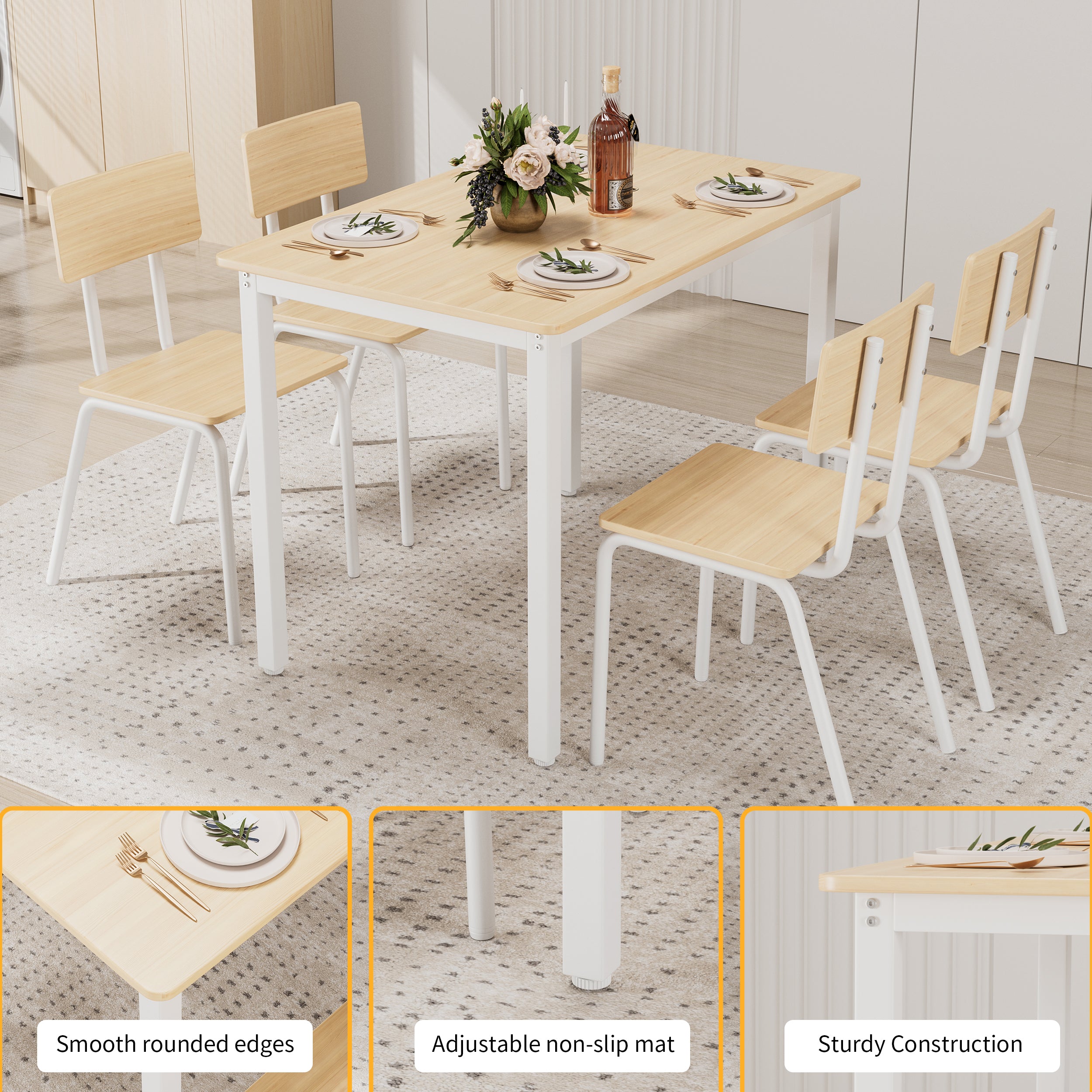 5-Piece Dining Table Set with 4 Chairs, 43" Kitchen Table and Chairs Set for 4, Metal Frame and MDF Board Dining Room Table, Perfect for Small Space, Easy to Clean