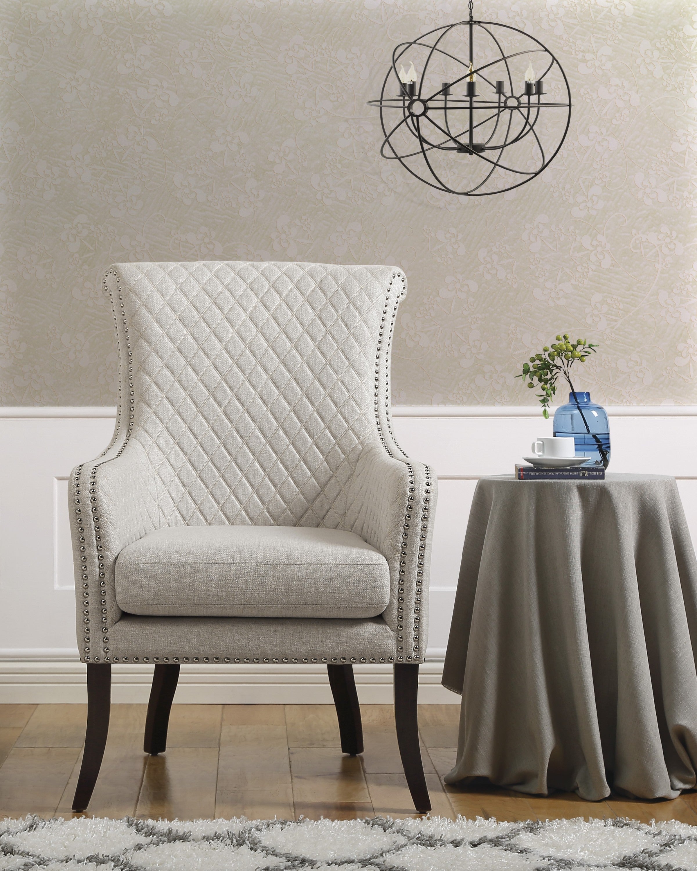 Classic Luxury Quilted Accent Chair - Beige Upholstery, Nailhead Trim