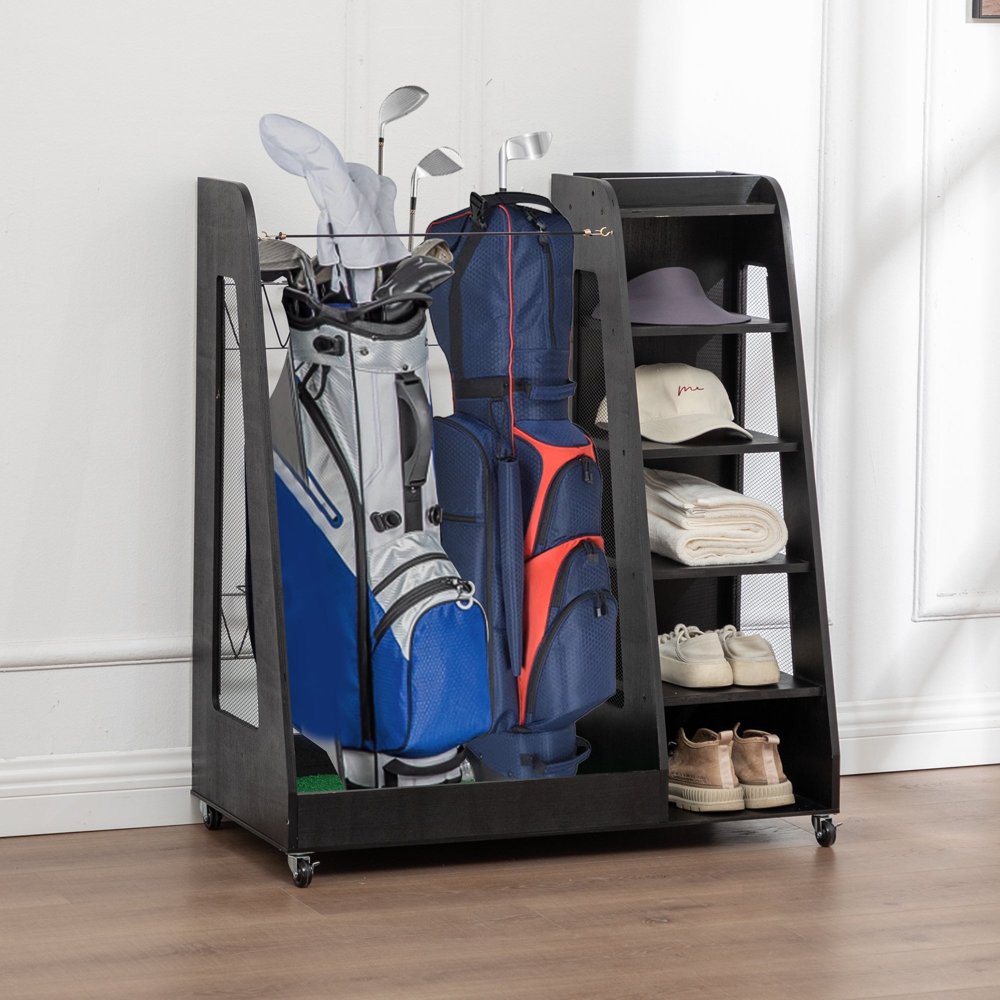 Golf Bag Organizer for Garage, Premium Wooden Golf Clubs Storage Rack Fit 2 Golf Bags, Golf Trunk Organizer for Car Garage Club Shed Basement,Black