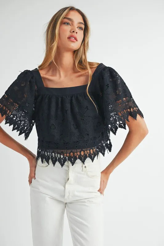 MABLE Square Neck Crochet Lace Top With Double Bow Tie
