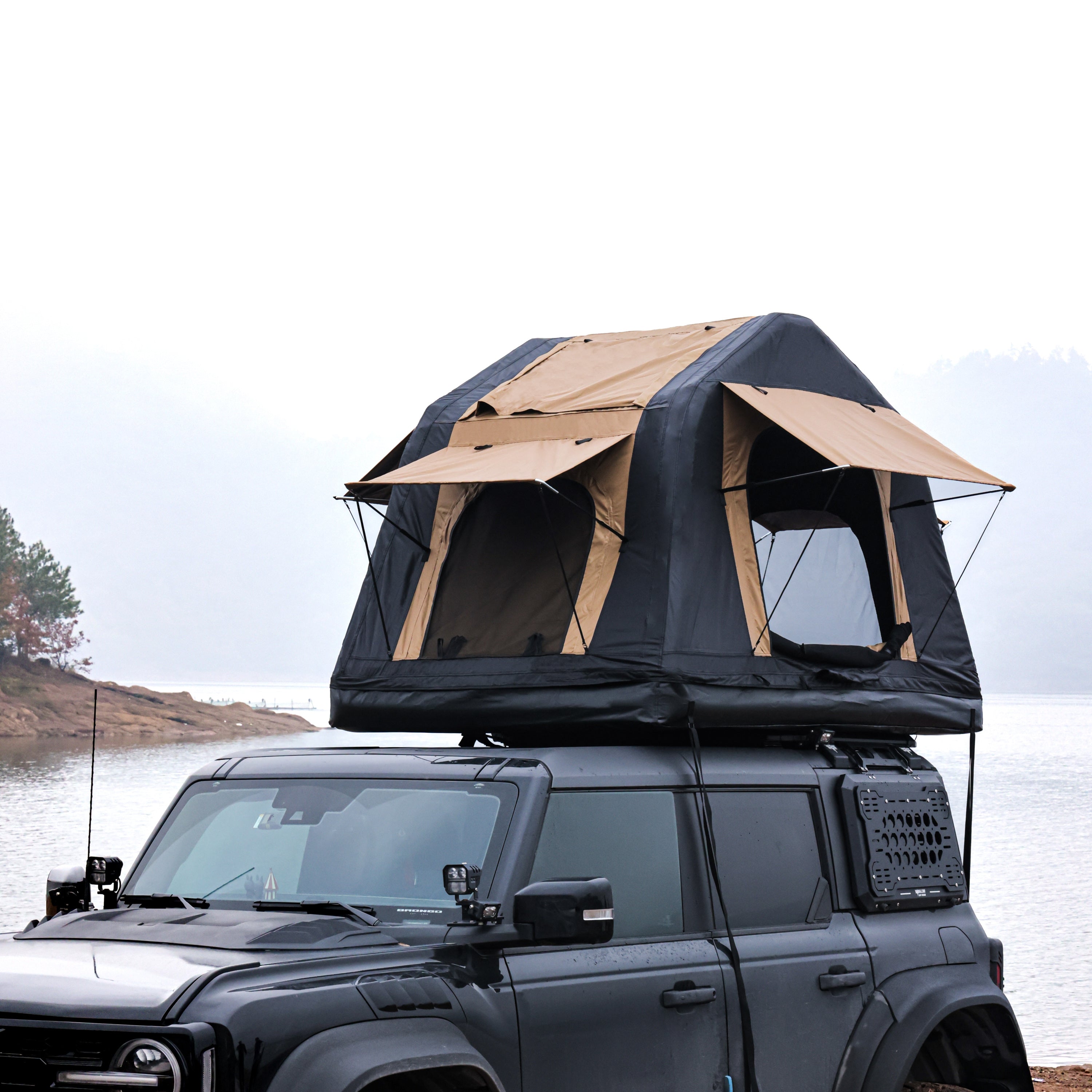 Foldable Amphibious Inflatable Roof Top Tent for 2-3 People – Two-Tone Khaki & Black, SUV & Truck Camping Tent (No Ladder)