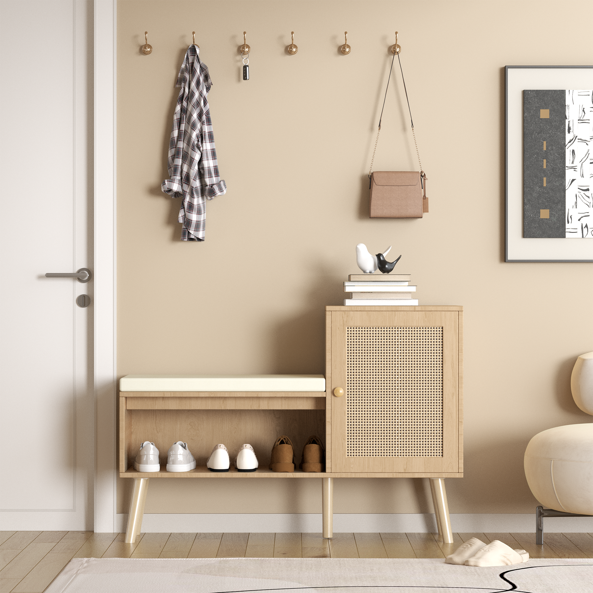 2-in-1 Shoe Storage Bench, Natural Rattan Shoe Cabinet with Adjustable Shelves & Removable Seat Cushion – Modern Entryway Bench, Shoe Storage Organizer for Hallway, Bedroom